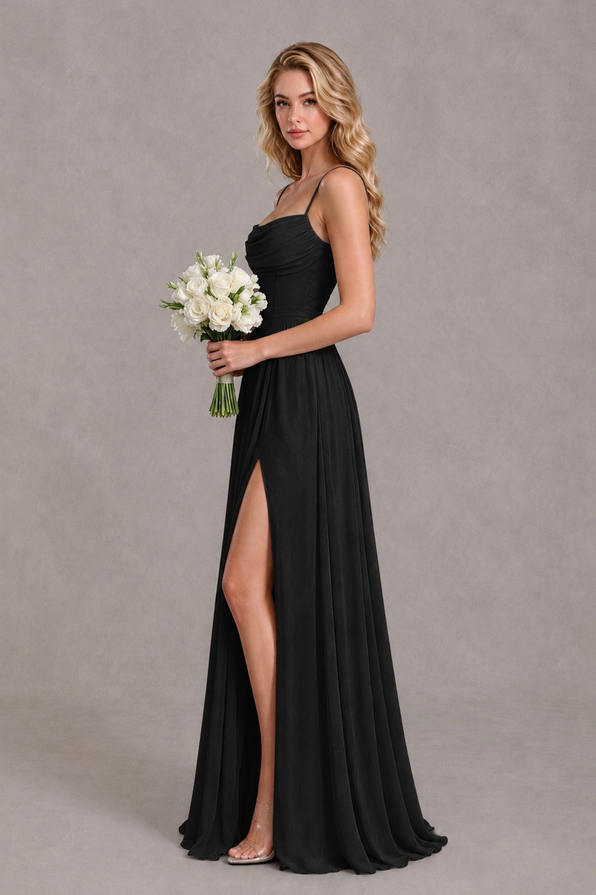 Side view of BOLODOO black sleeveless maxi dress showing fitted bodice and flowing skirt