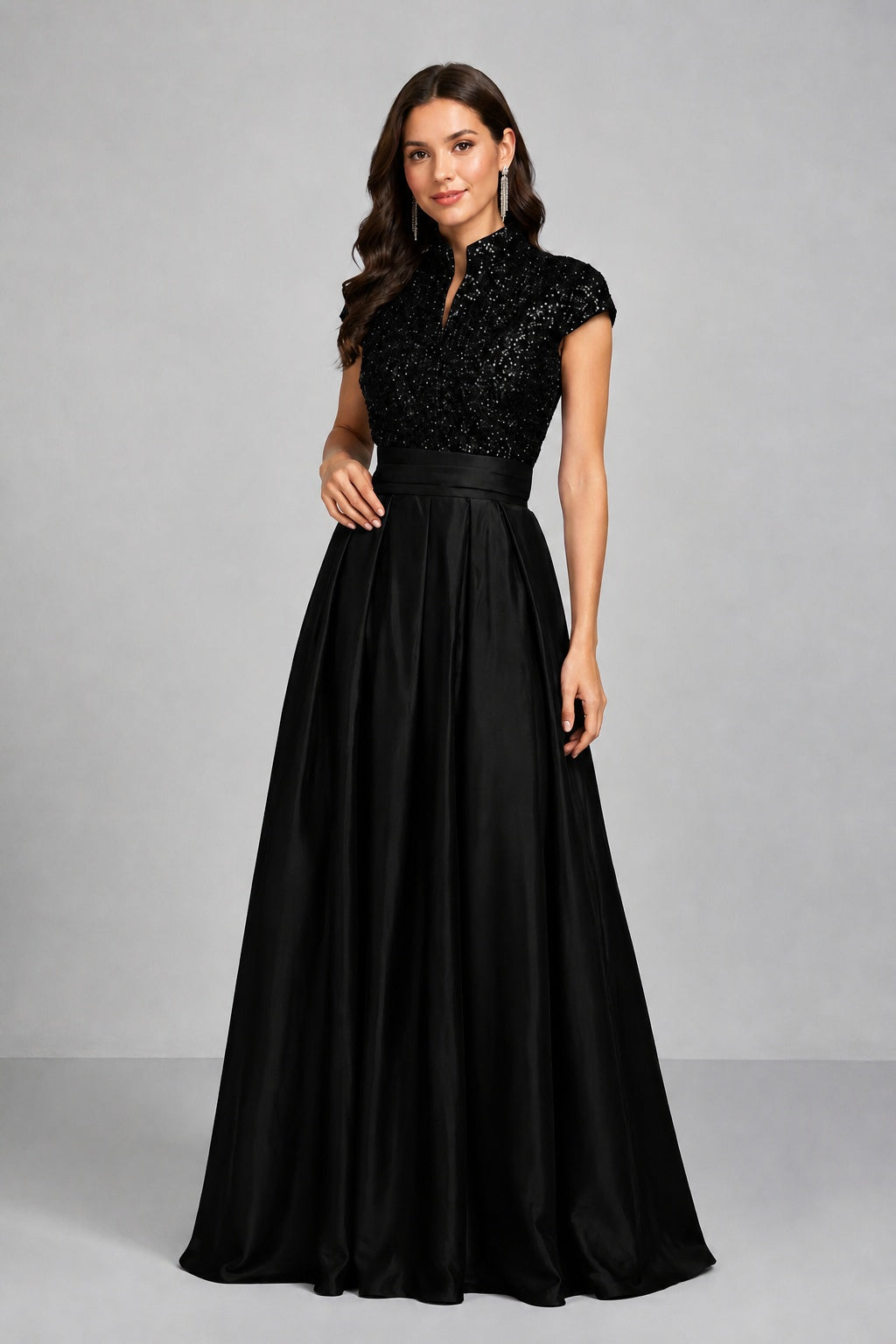 BOLODOO Black Sequin Embroidered High Neck Cap Sleeve A-Line Ball Gown – Formal Evening Dress 
