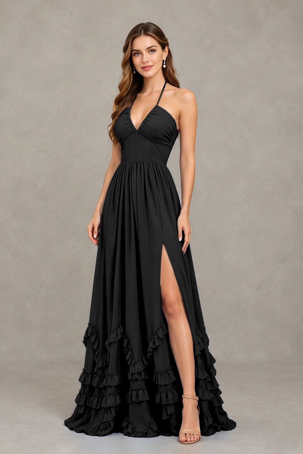 Black V-neck sleeveless A-line gown three-quarter front view showing high leg slit