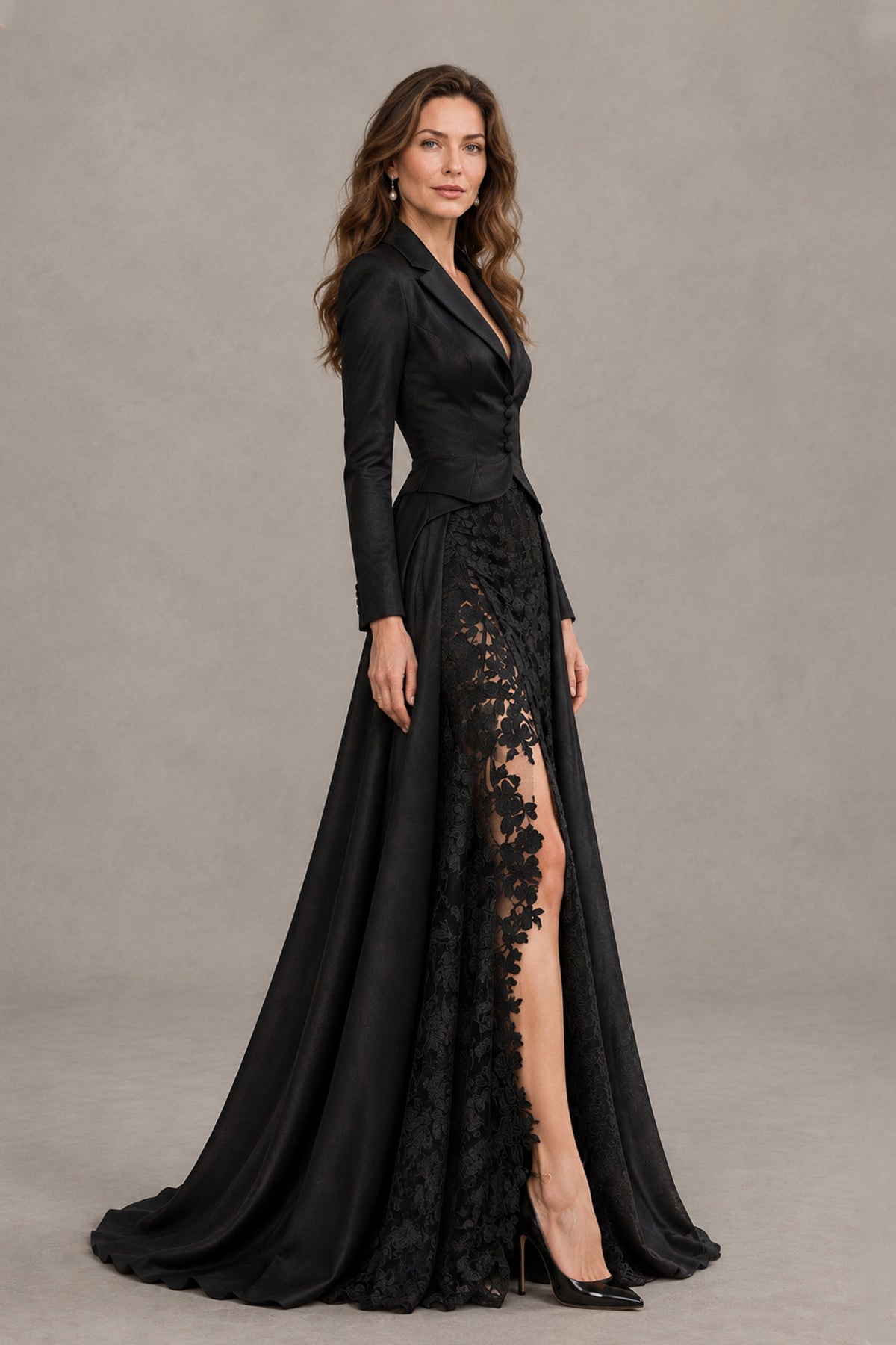 BOLODOO QQ054 black lace evening gown, side view showing fitted waist and sweeping train