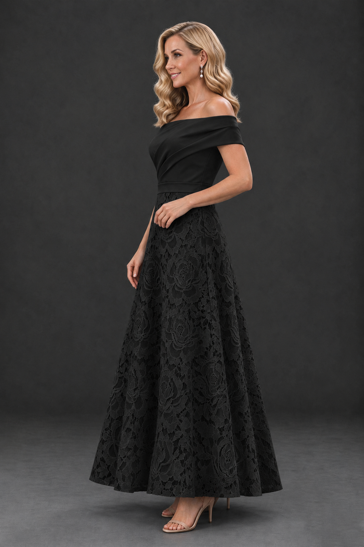 BOLODOO XX106 black off-shoulder A-line dress, side view showing flared floral-textured skirt