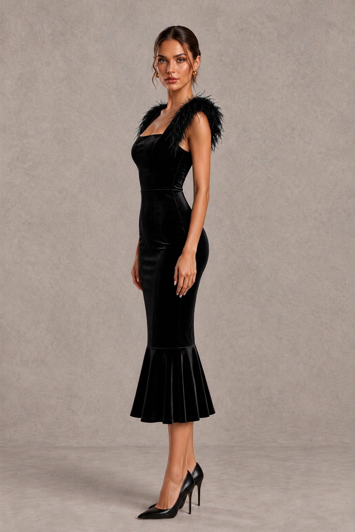 BOLODOO Black Feather-Trim Velvet-Look Mermaid Midi Dress 