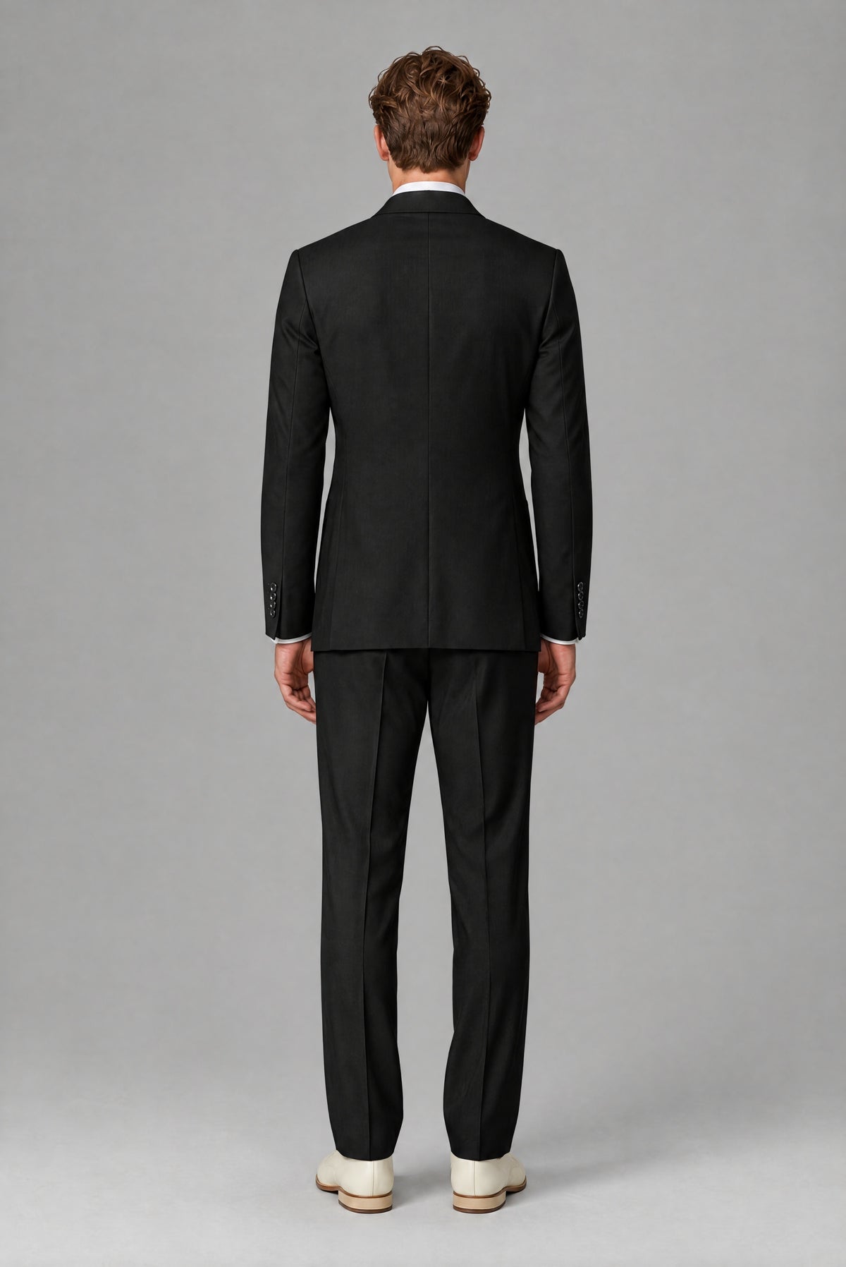 Bolodoo FQ1012 men's black two-piece wrap suit with tie-waist jacket and trousers, full front view