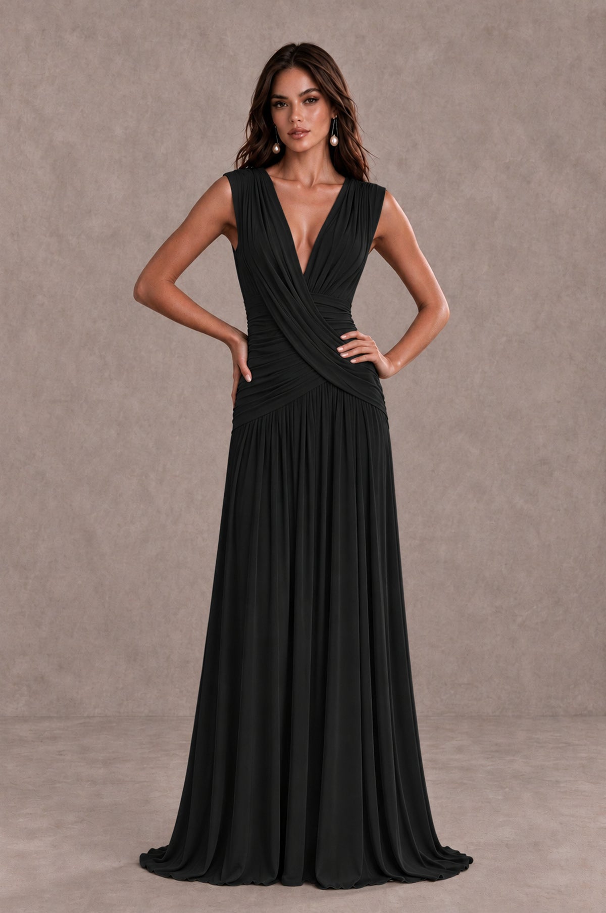 BOLODOO Black V-Neck Ruched Wedding Guest Dress 