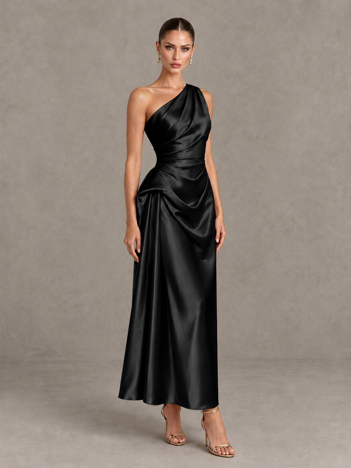Black satin cocktail dress with draped one shoulder neckline, three-quarter view