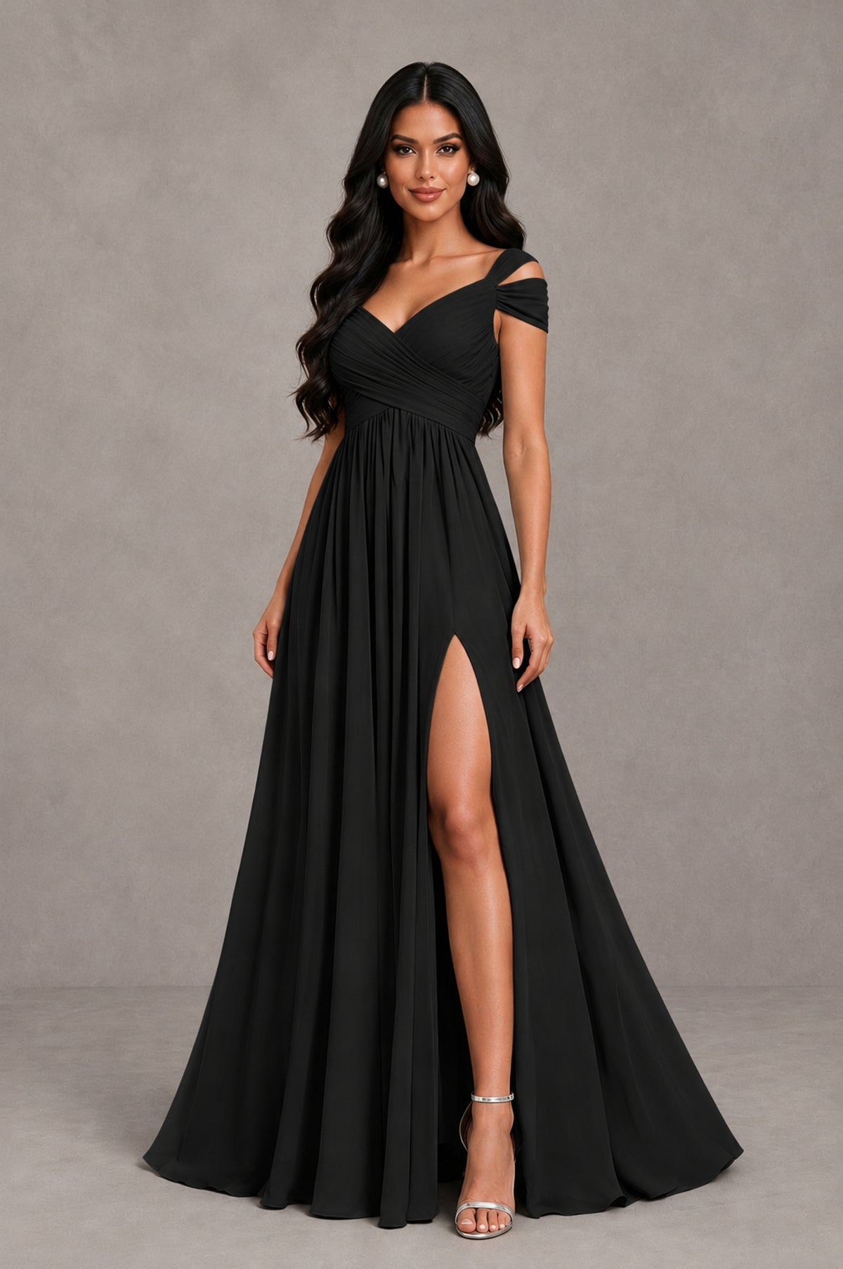 BOLODOO black cold shoulder chiffon evening dress with V neck and thigh-high slit, front view
