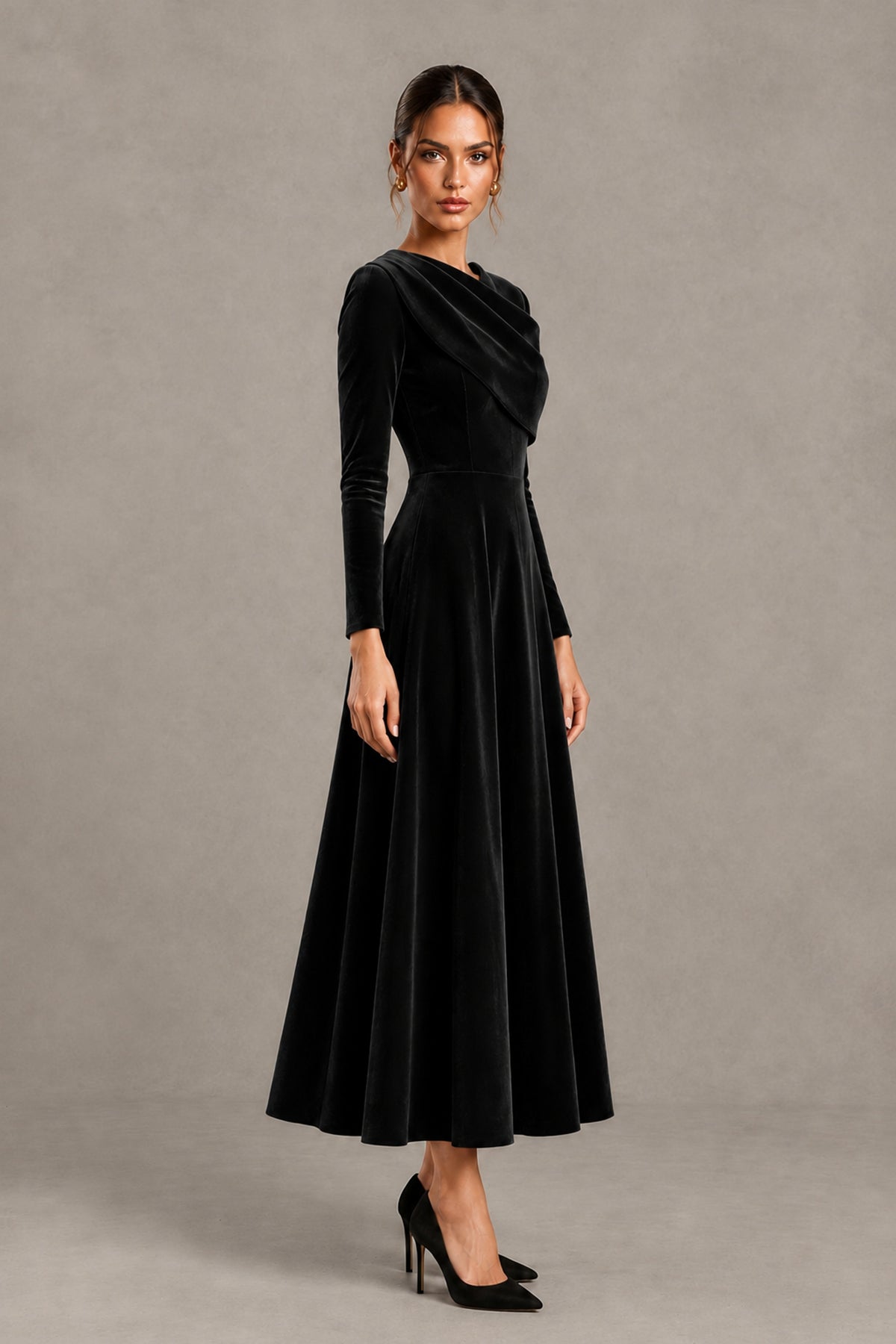 BOLODOO FQ0074 black long sleeve velvet-look dress, side angle showing A-line silhouette