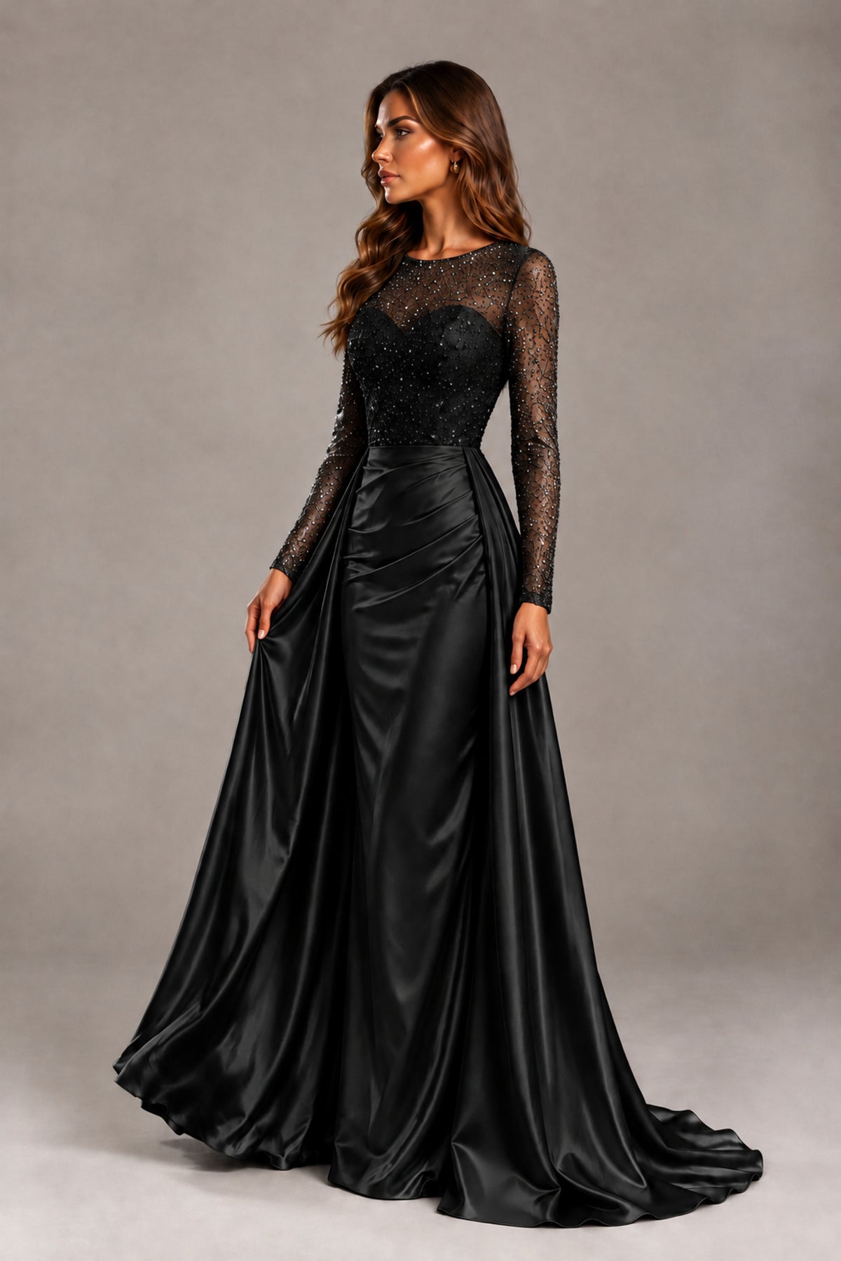 BOLODOO FQ0076 black satin-look evening gown, side view showing flowing skirt and sweep train