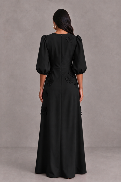 BOLODOO BX0190 black A-line maxi dress, covered back with center-back zipper