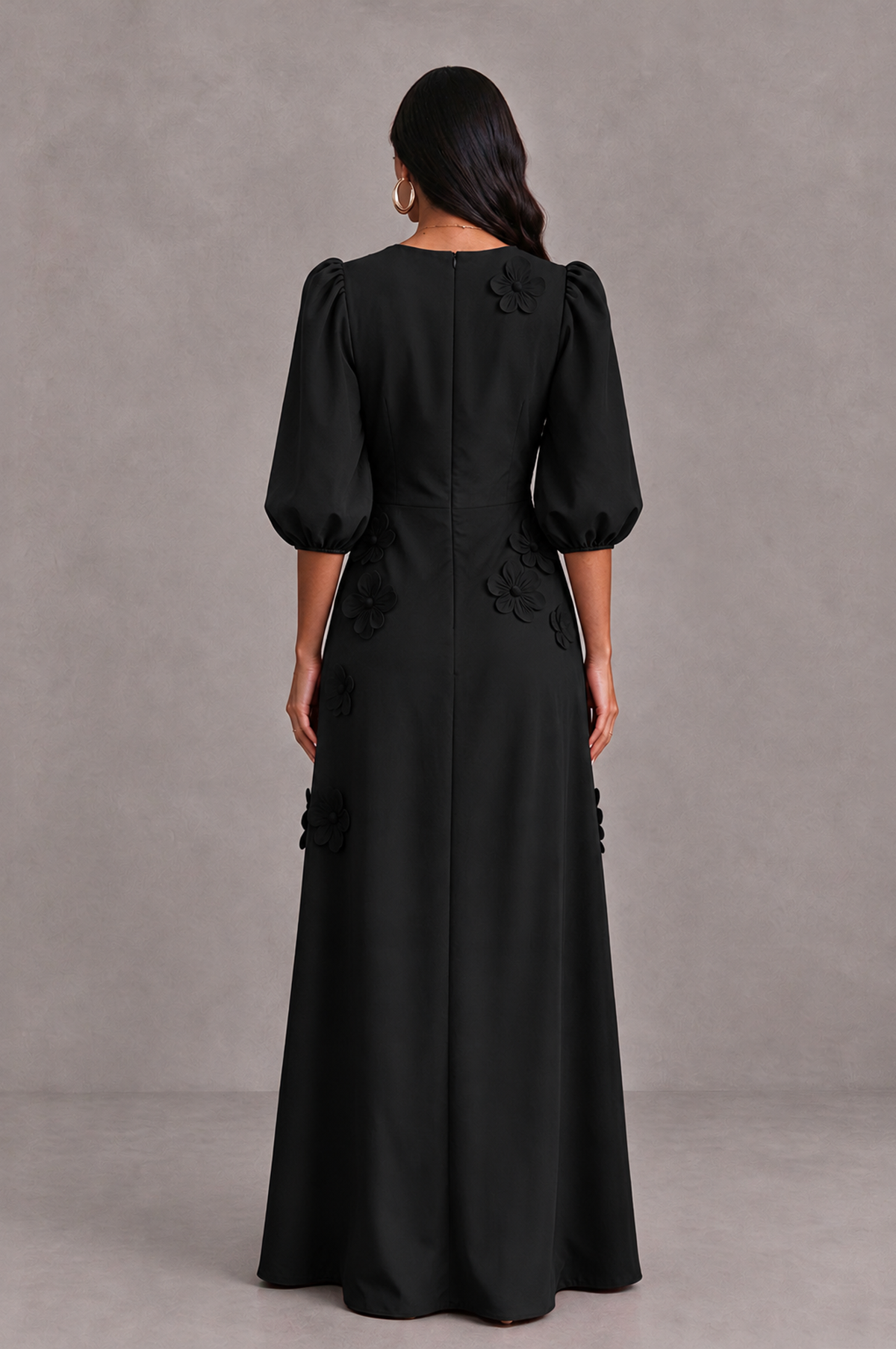 BOLODOO BX0190 black A-line maxi dress, covered back with center-back zipper