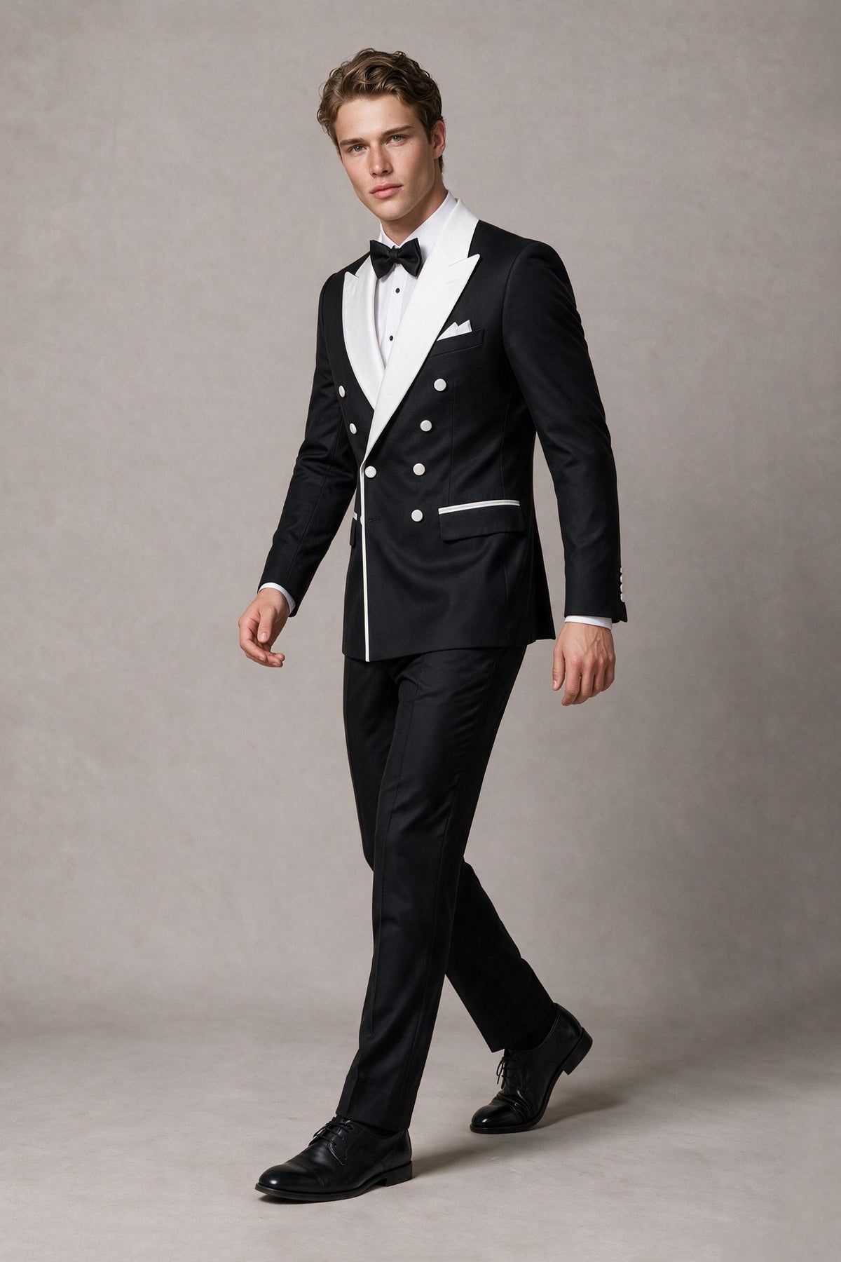 BOLODOO Men's Black Double-Breasted Tuxedo Blazer FQ0034 - full length front dynamic pose showing complete look with black trousers and bow tie