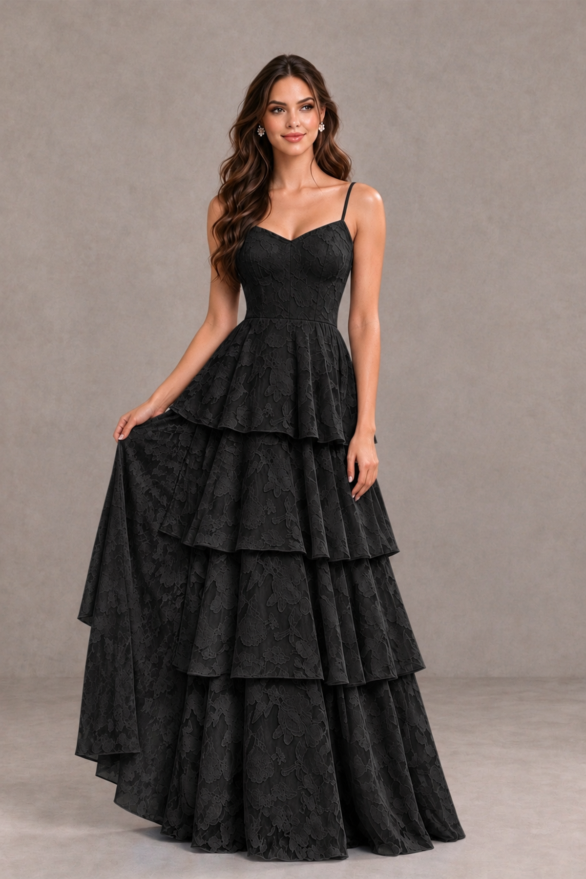 BOLODOO XX097 black spaghetti strap maxi dress with floral texture and four-tier A-line skirt, front view