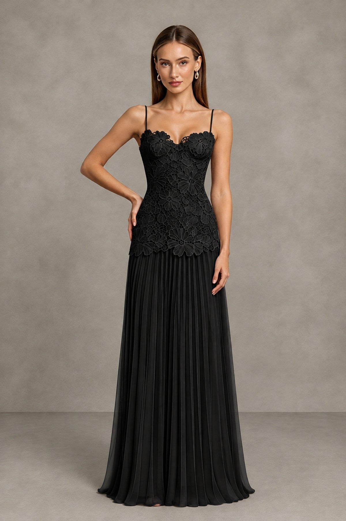 BOLODOO Black Lace Bodice Pleated Wedding Guest Dress 