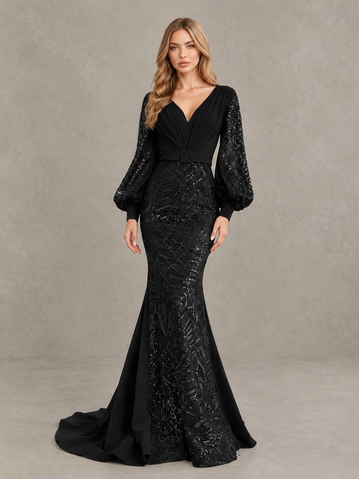 Angled view of BOLODOO black sequin evening gown showing mermaid skirt and sweep train