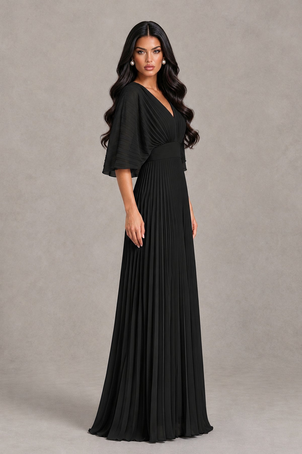 BOLODOO Black V-Neck Pleated Flutter Sleeve Formal Dress 