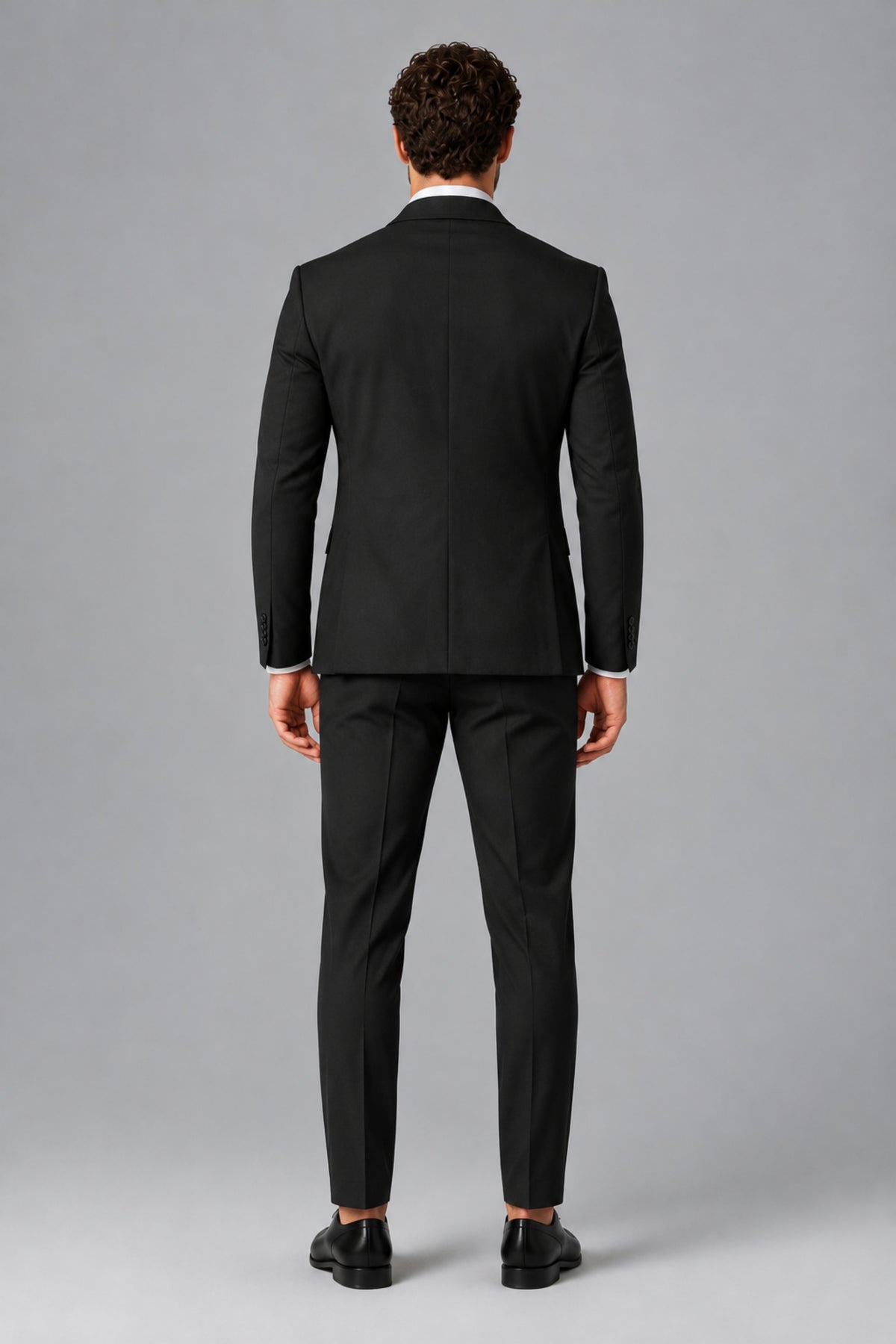 Bolodoo FQ1008 men's black two-piece suit, back view of jacket and trousers