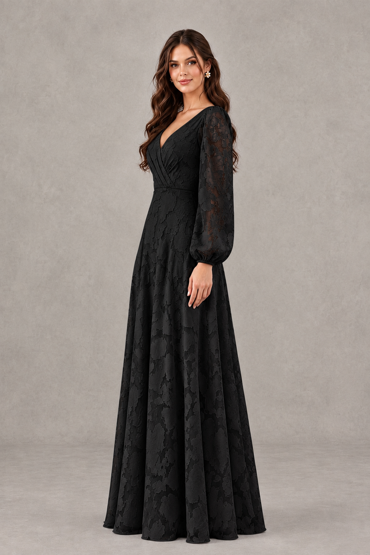 Side view of BOLODOO black floor-length dress showing sheer bishop sleeves and defined waist