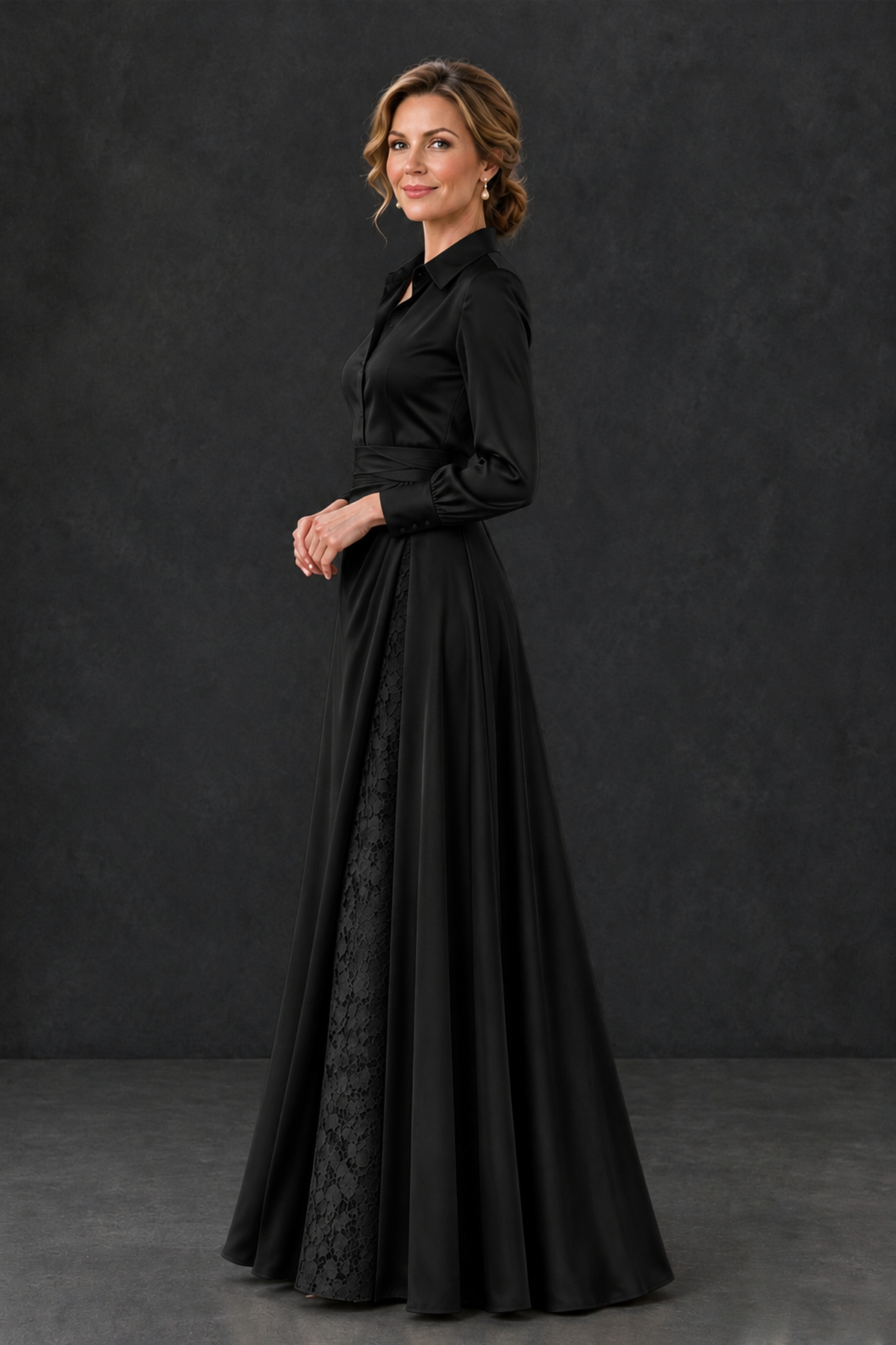Side view of BOLODOO XX122 black A-line gown with long cuffed sleeves and lace inset
