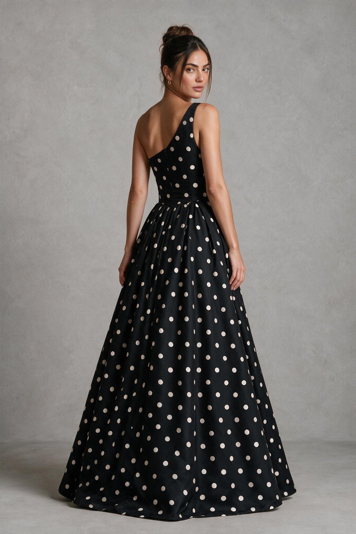 BOLODOO black and white polka dot one-shoulder A-line maxi dress front view
