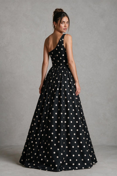 BOLODOO black and white polka dot one-shoulder A-line maxi dress front view