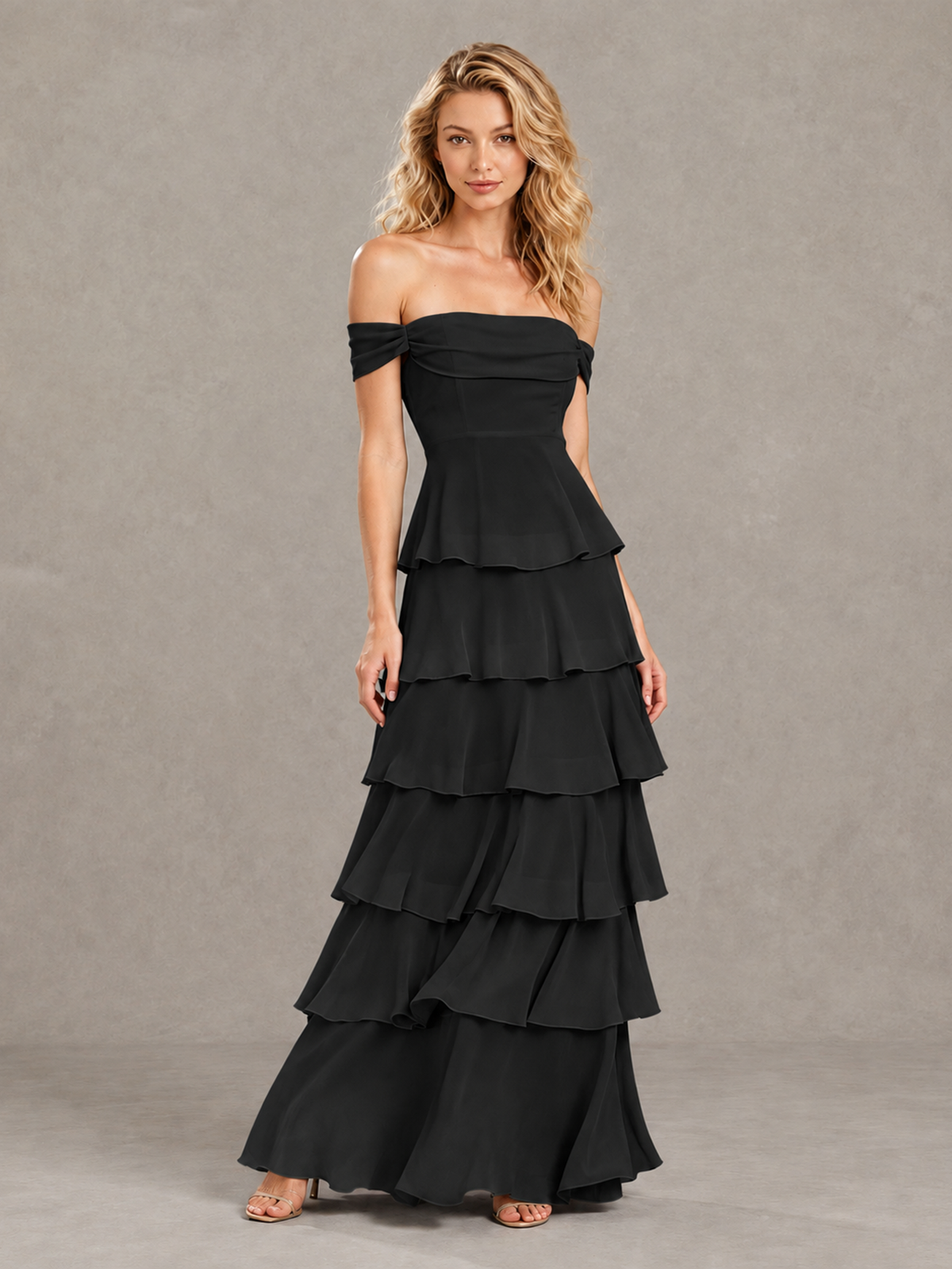 BOLODOO XCD052 black off-shoulder tiered ruffle bridesmaid dress, full-length front view