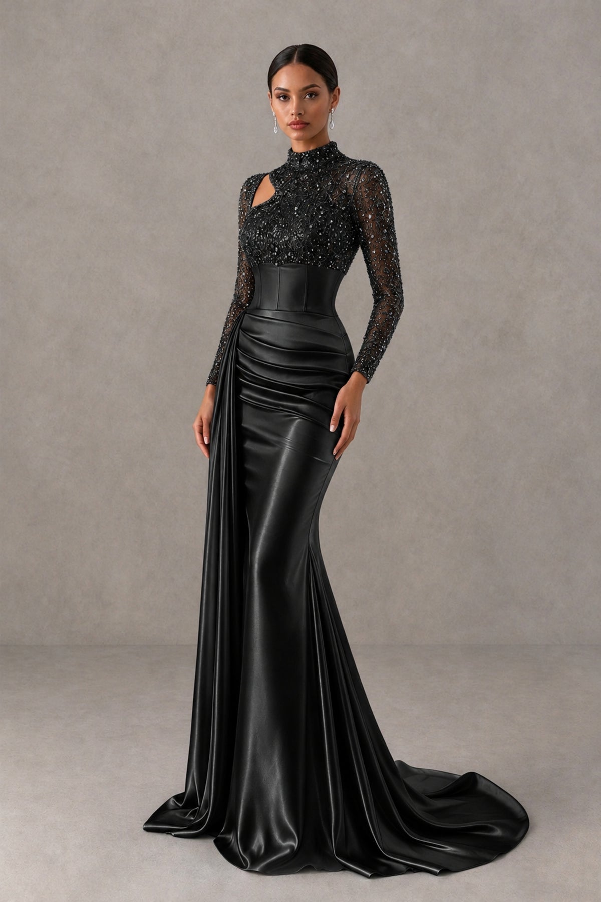 BOLODOO FQ0077 black mermaid gown back view showing covered illusion back and sweep train