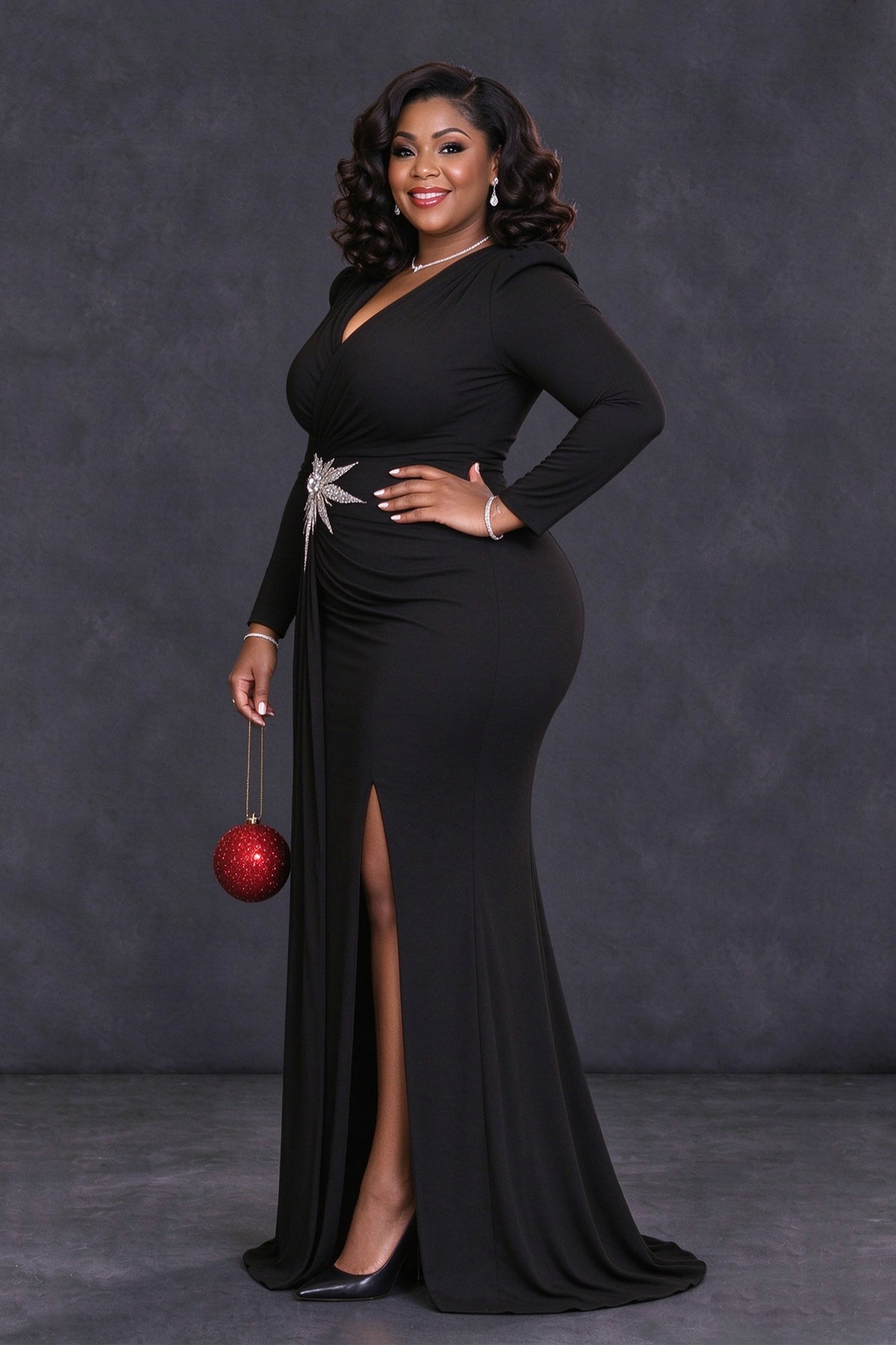 BOLODOO XX103 black floor-length evening dress showing high front slit and draped skirt