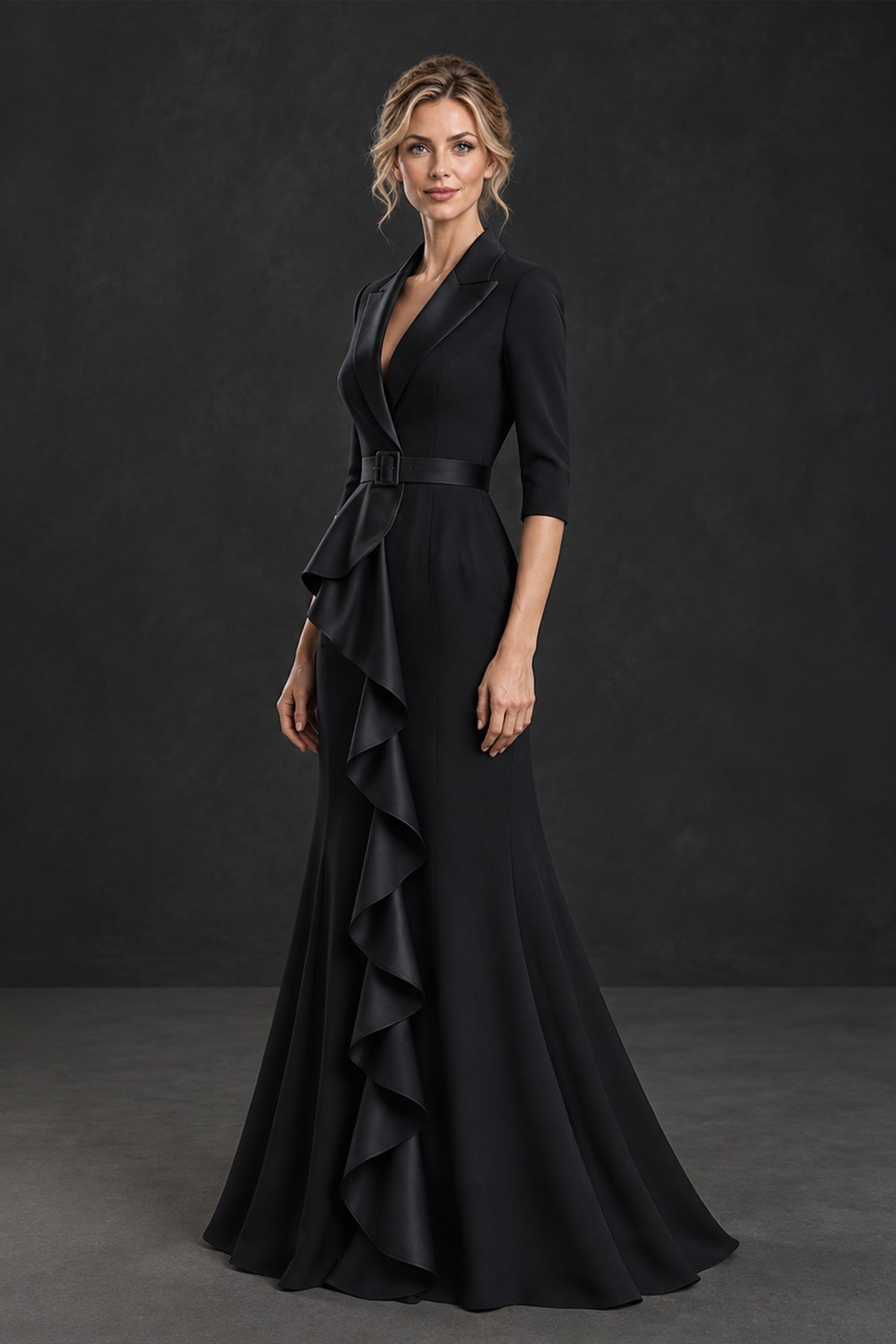 BOLODOO Black Lapel Ruffle Mother of the Bride Dress with Belt 
