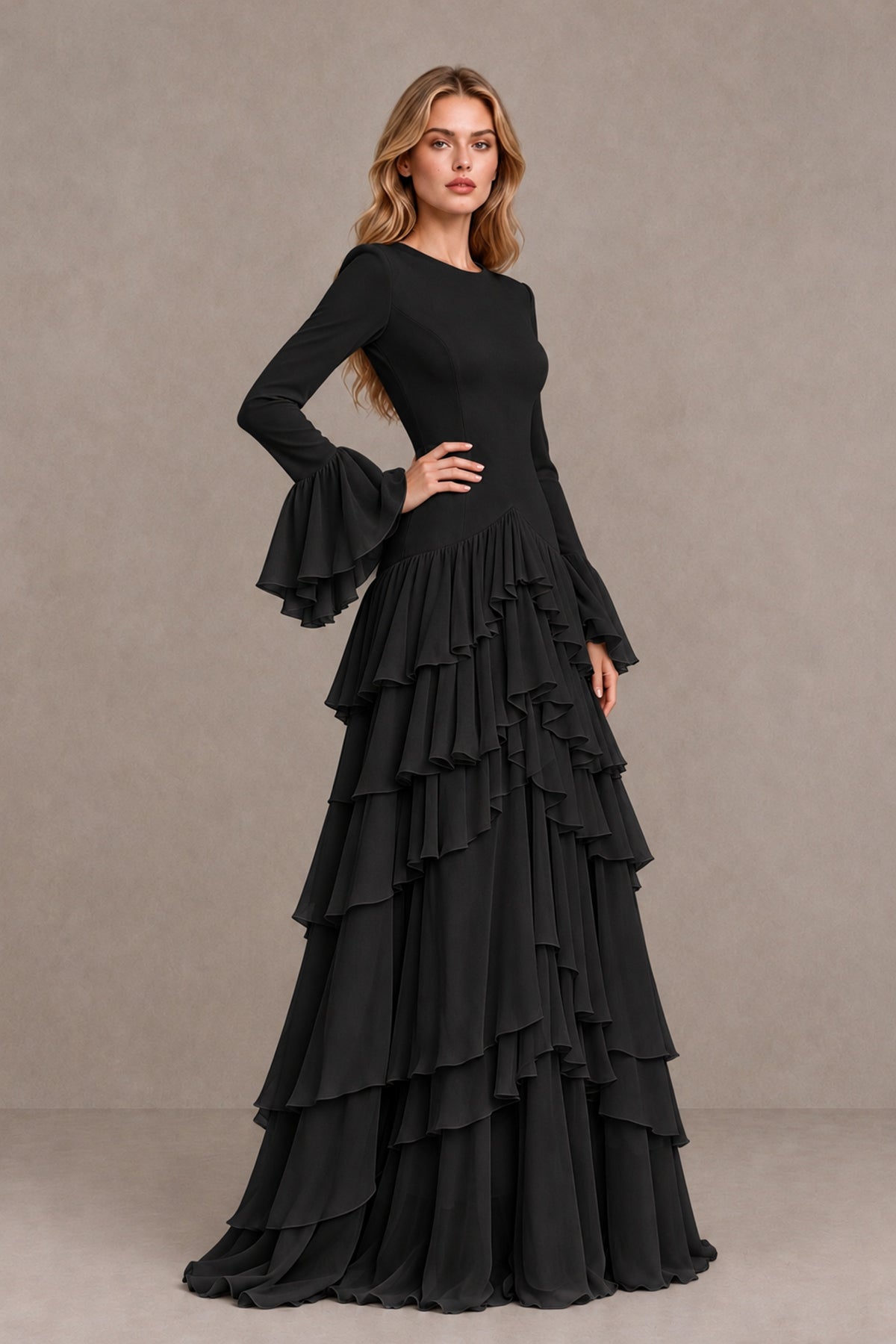 Black Long Sleeve Tiered Ruffle Evening Gown 