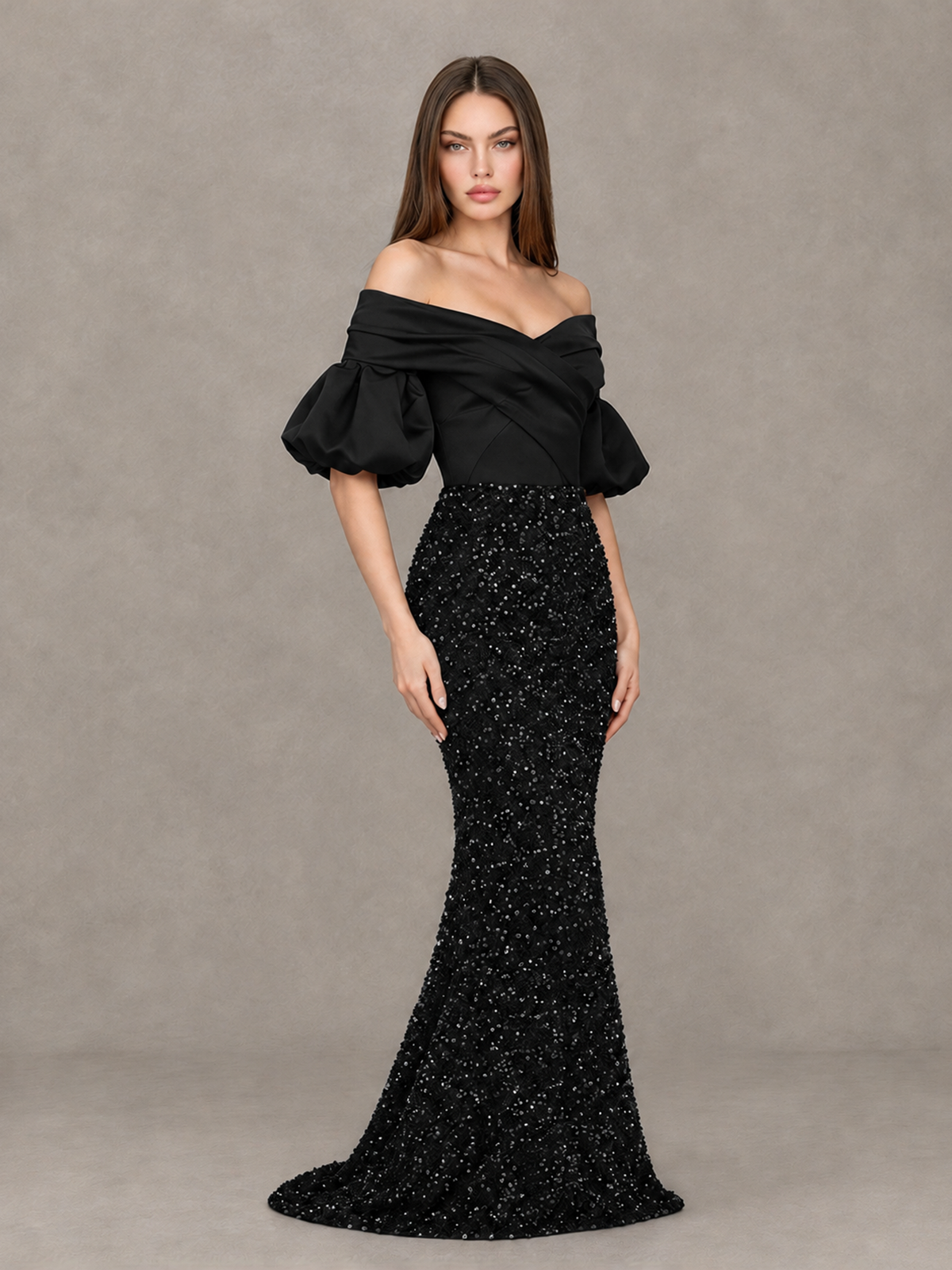 Full front view of BOLODOO black floor-length mermaid gown with puff sleeves and sequin skirt