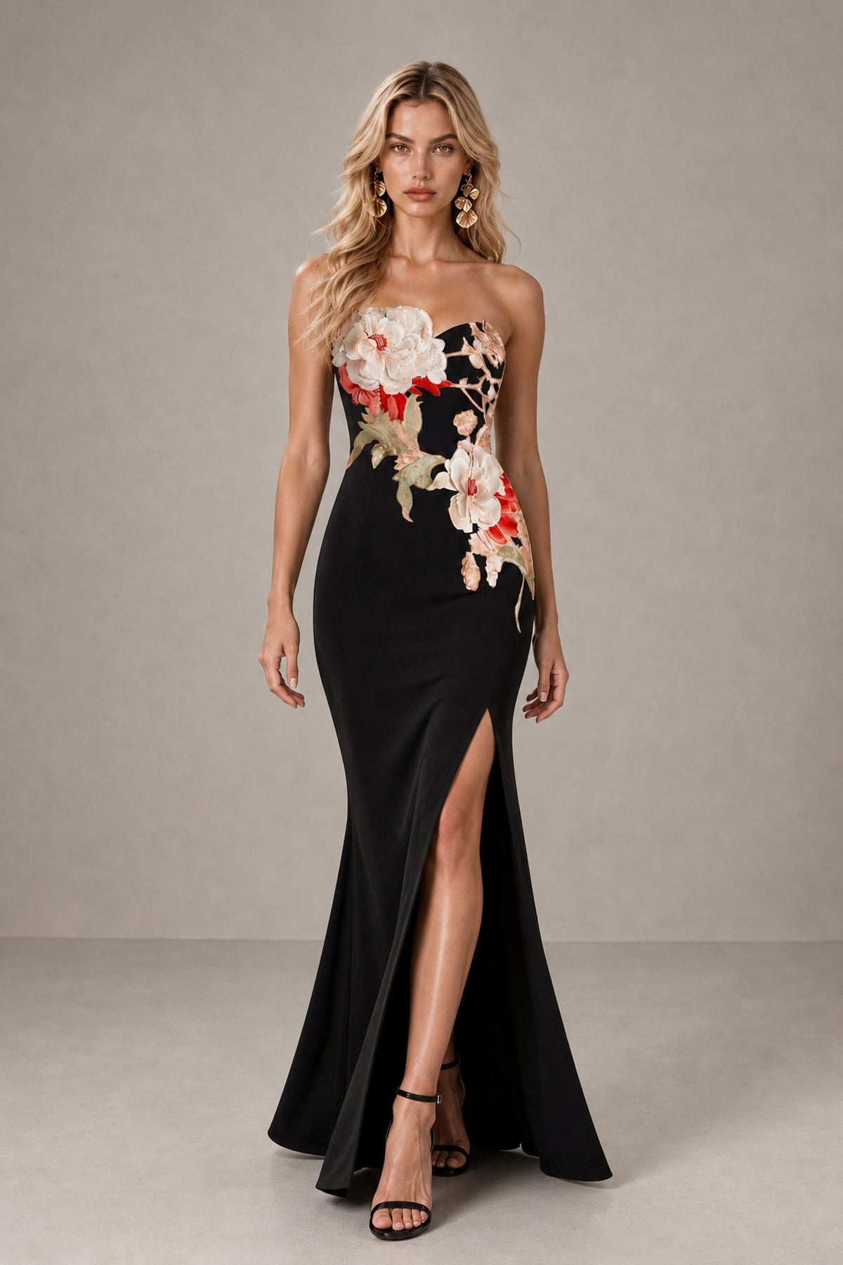 Walking front view of BOLODOO floor-length black floral mermaid evening dress