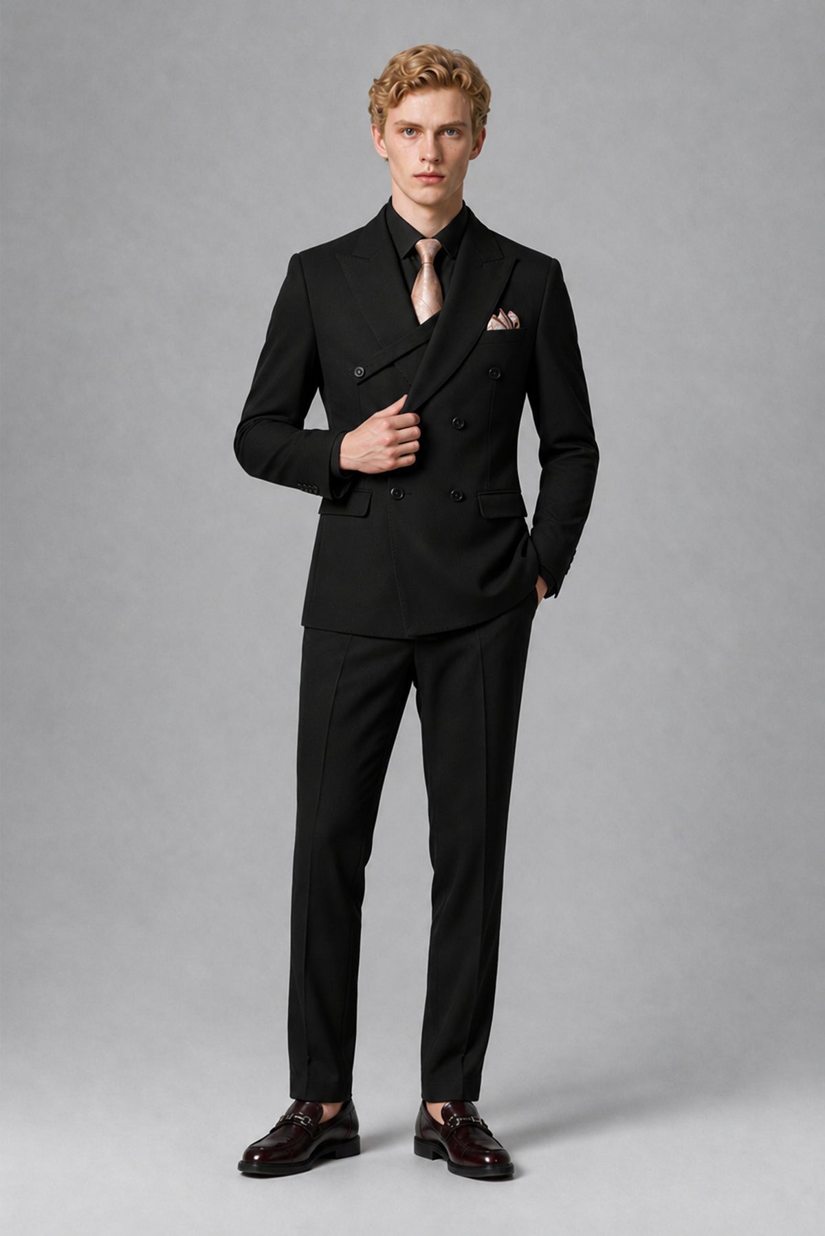 BOLODOO black double-breasted jacket and trousers set, alternate front pose
