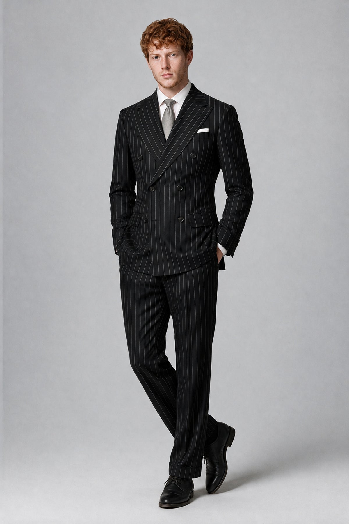 Bolodoo FQ1002 black pinstripe men's suit, angled full-length view