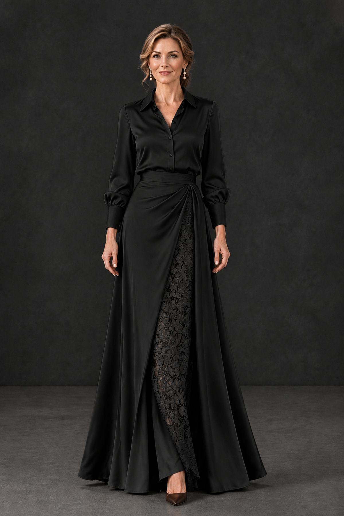 Front full-length view of BOLODOO XX122 black shirt-collar gown with floral lace panel