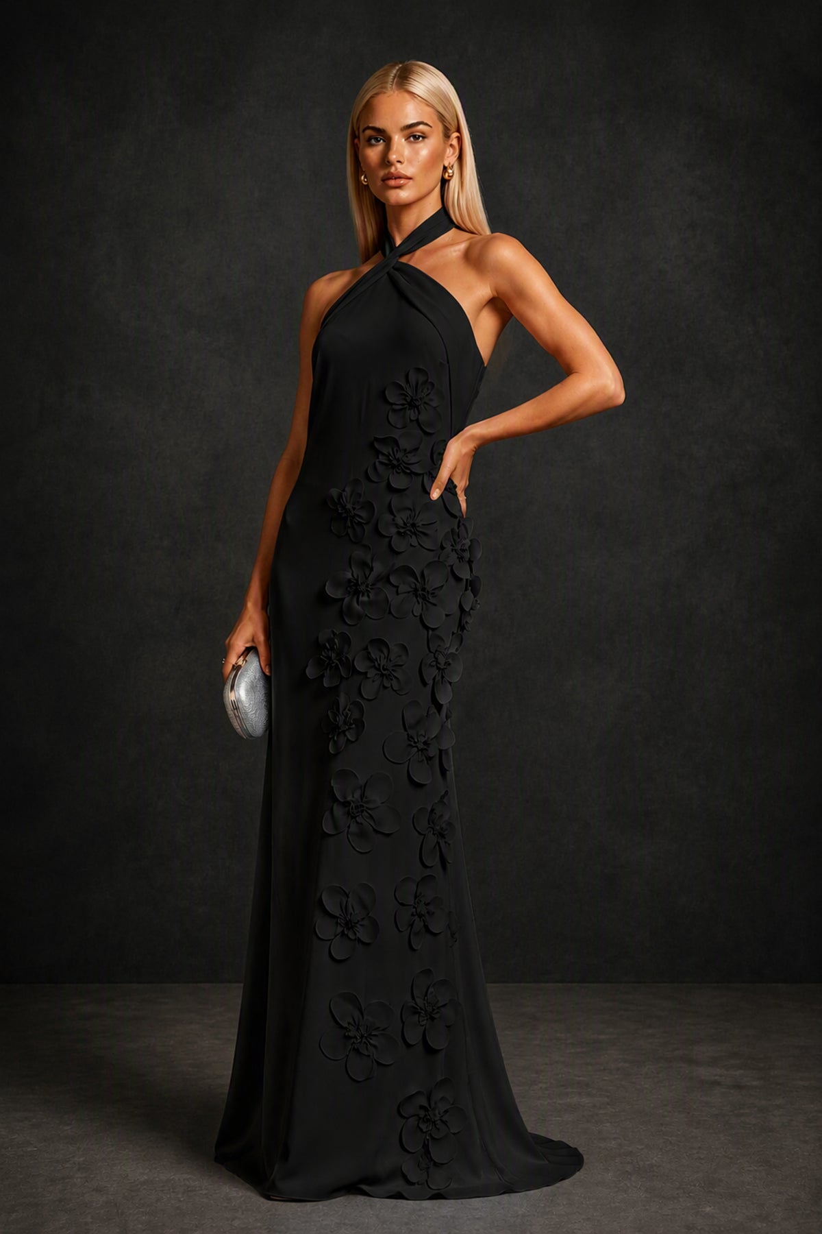 BOLODOO Black Cross Halter Neck 3D Floral Appliqué Backless Mermaid Gown - Side View