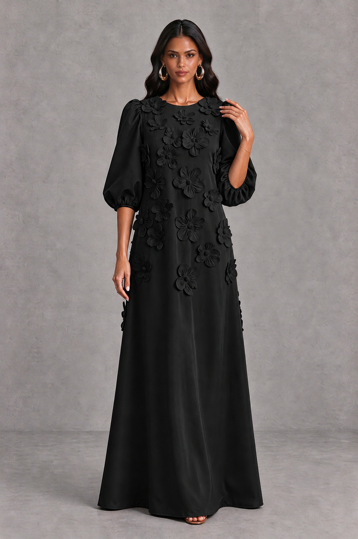 BOLODOO black floor-length floral applique gown with round neckline, front styling view