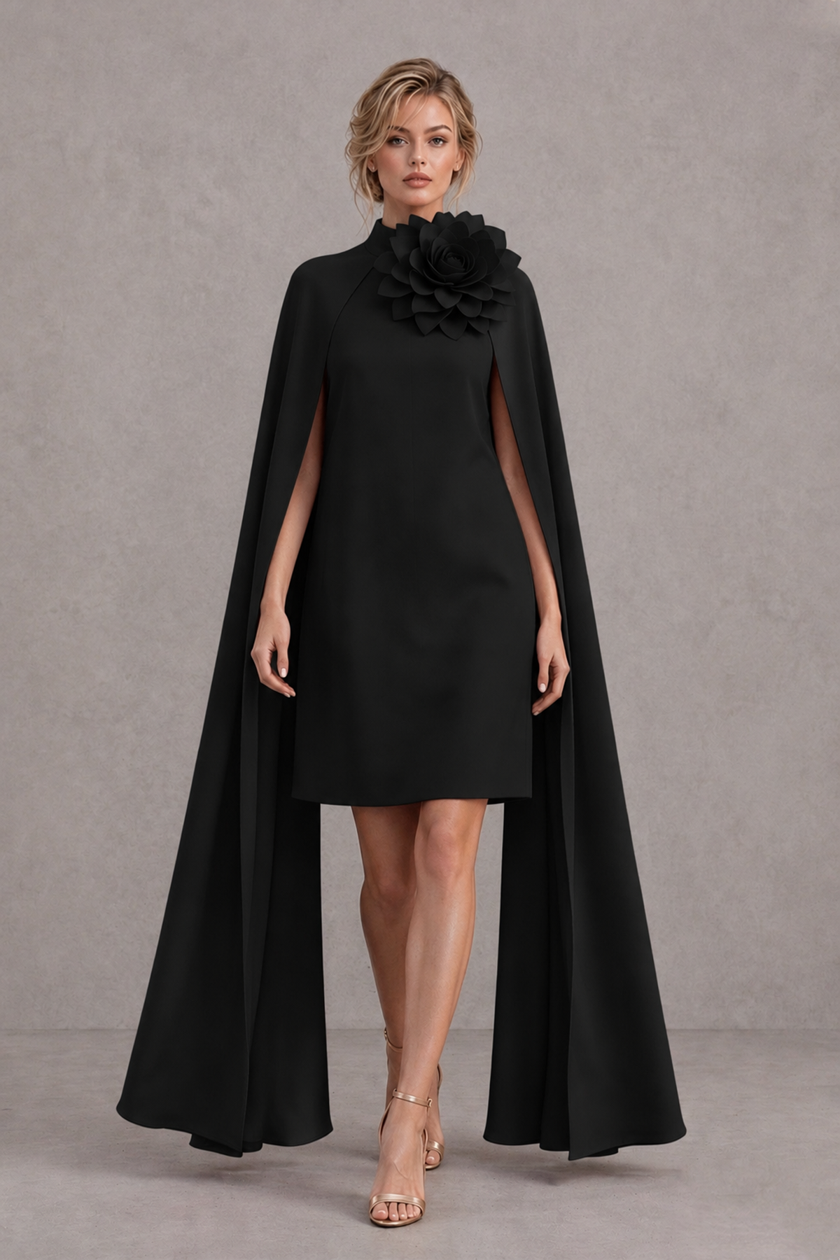 BOLODOO XX114 black shift mini dress showing oversized flower and sweeping cape sleeves
