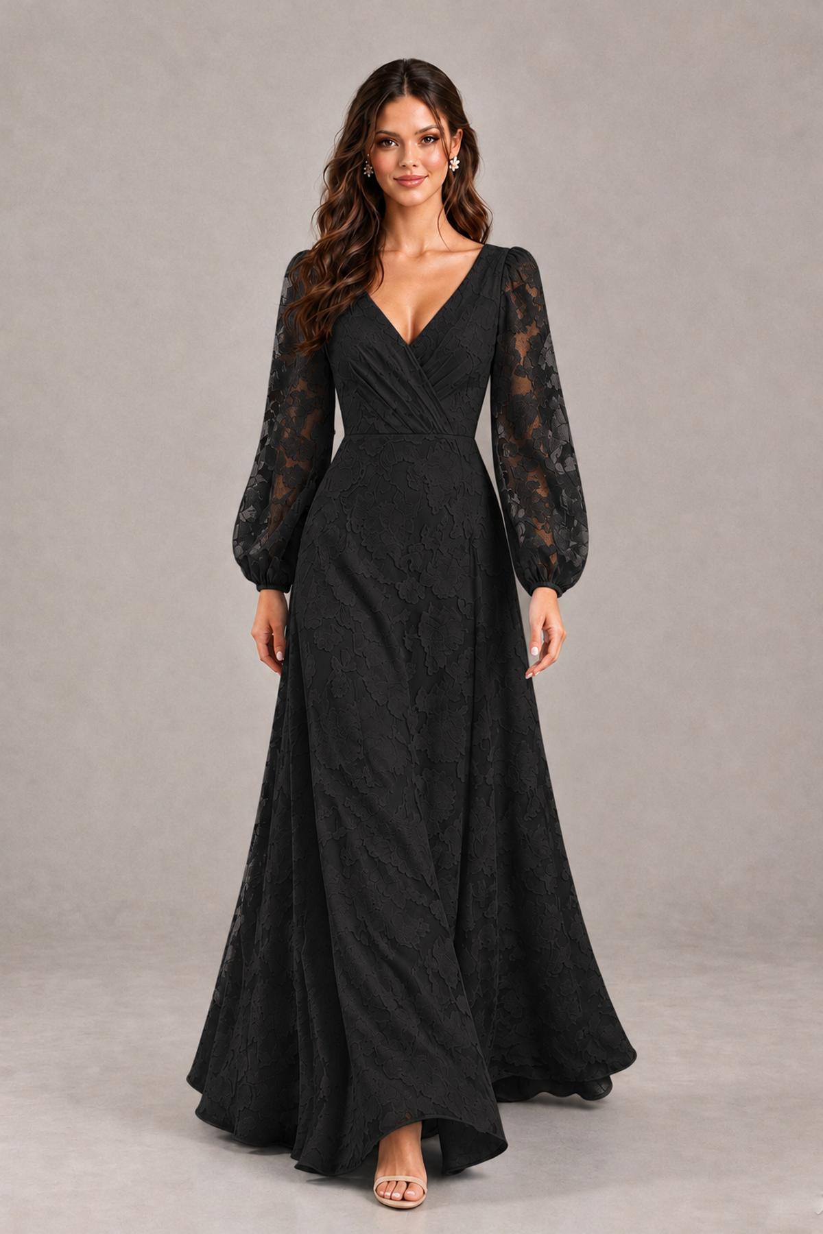 BOLODOO XX096 black V-neck mother of the bride dress with sheer long bishop sleeves, front view
