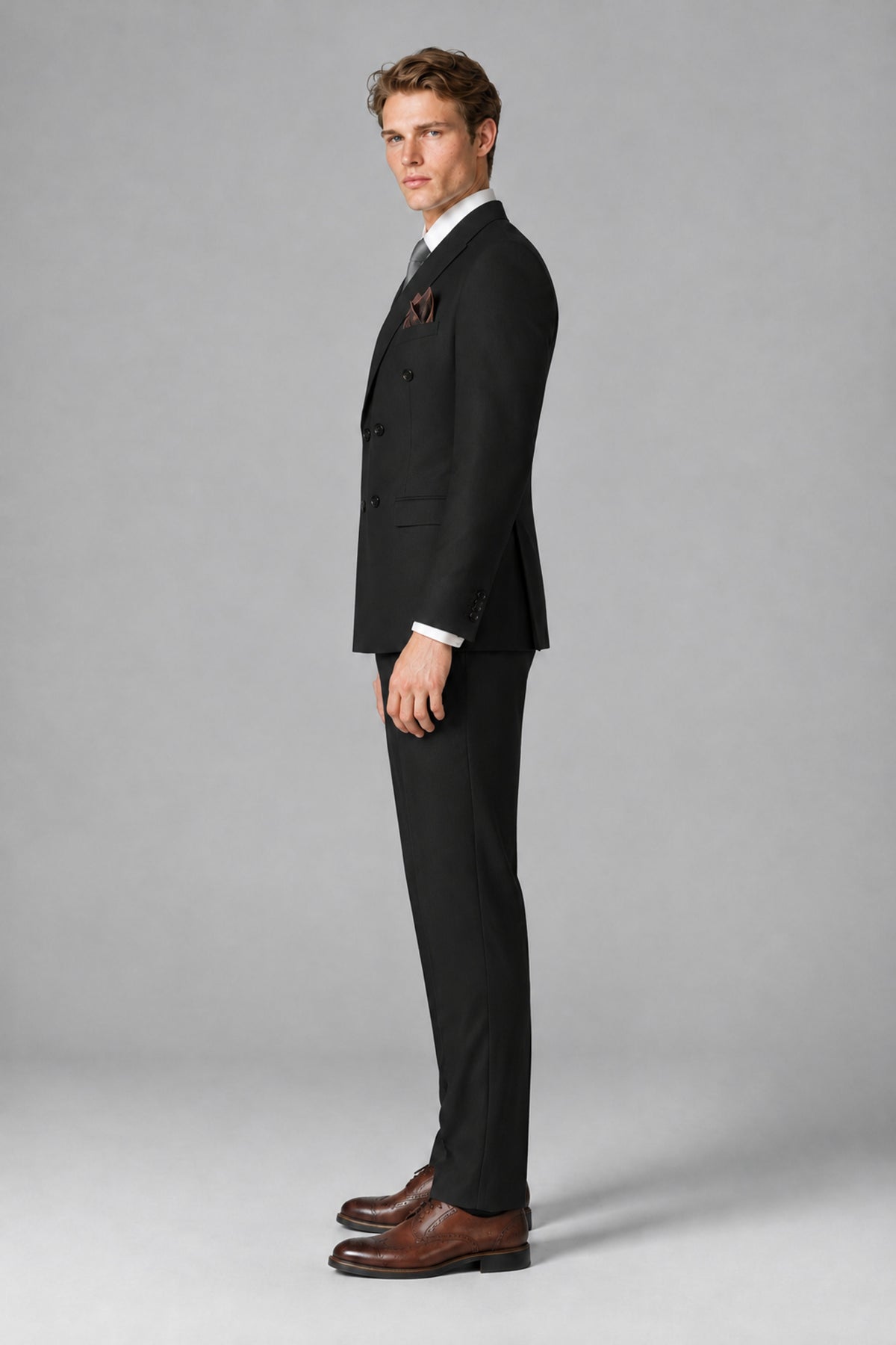 Bolodoo FQ1013 black two-piece men's suit, full-length back view