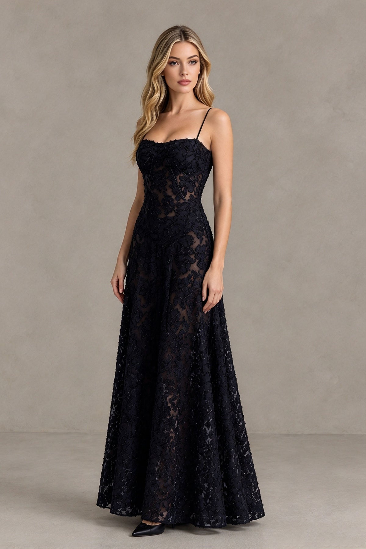 BOLODOO Black Floral Lace Wedding Guest Dress Spaghetti Straps Prom Dress 
