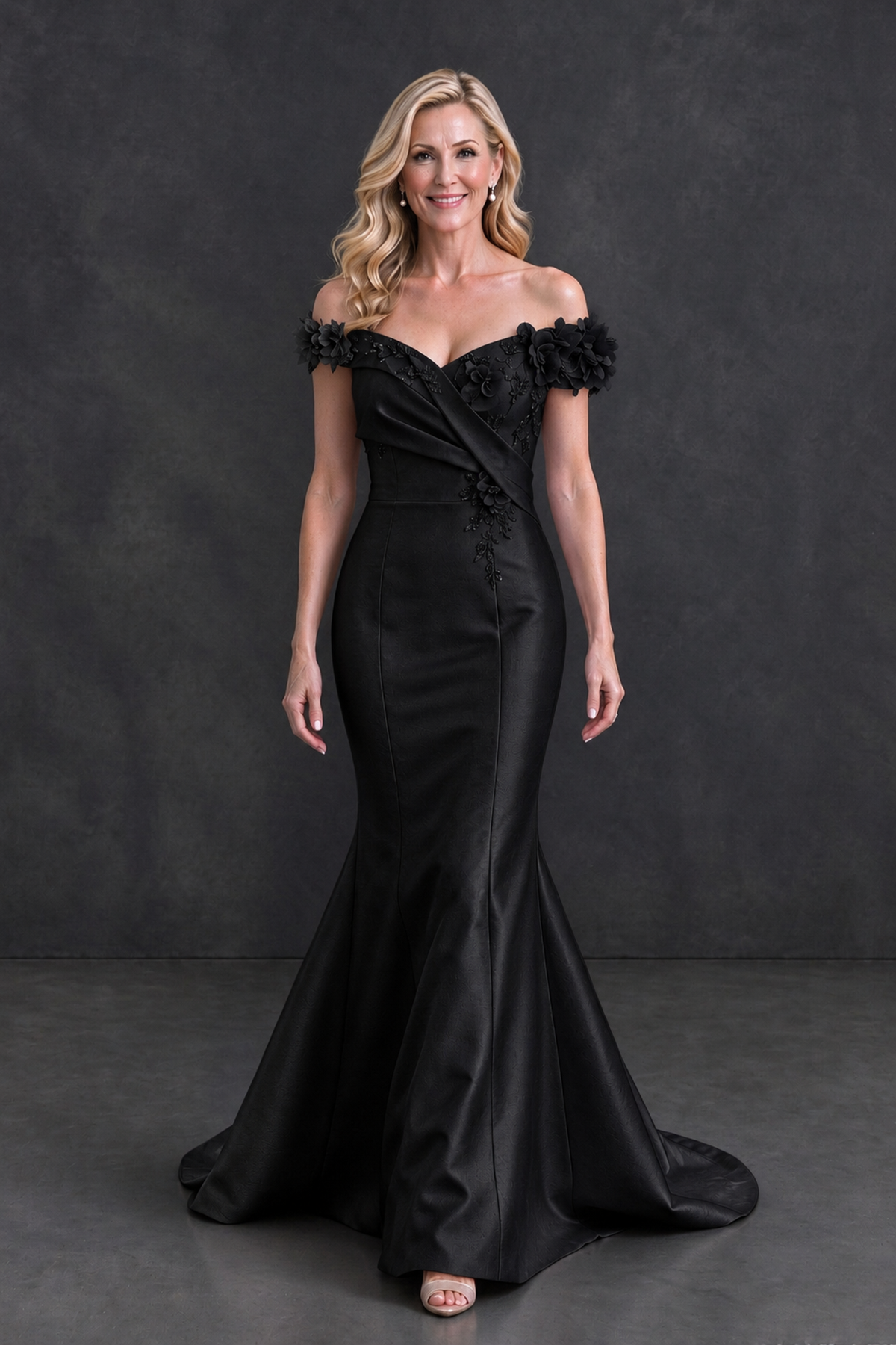 BOLODOO XX102 black off-shoulder floral mermaid gown, full-length front view