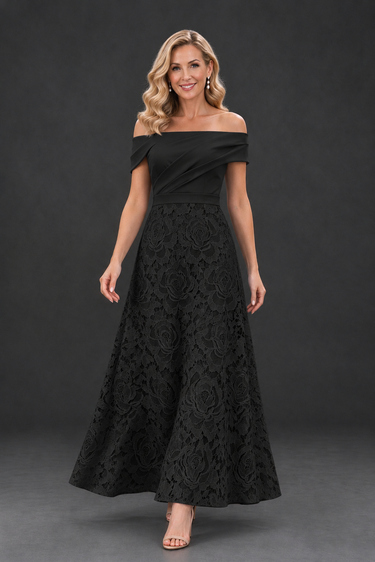 BOLODOO XX106 black off-shoulder mother of the bride dress, full front view with floral A-line skirt
