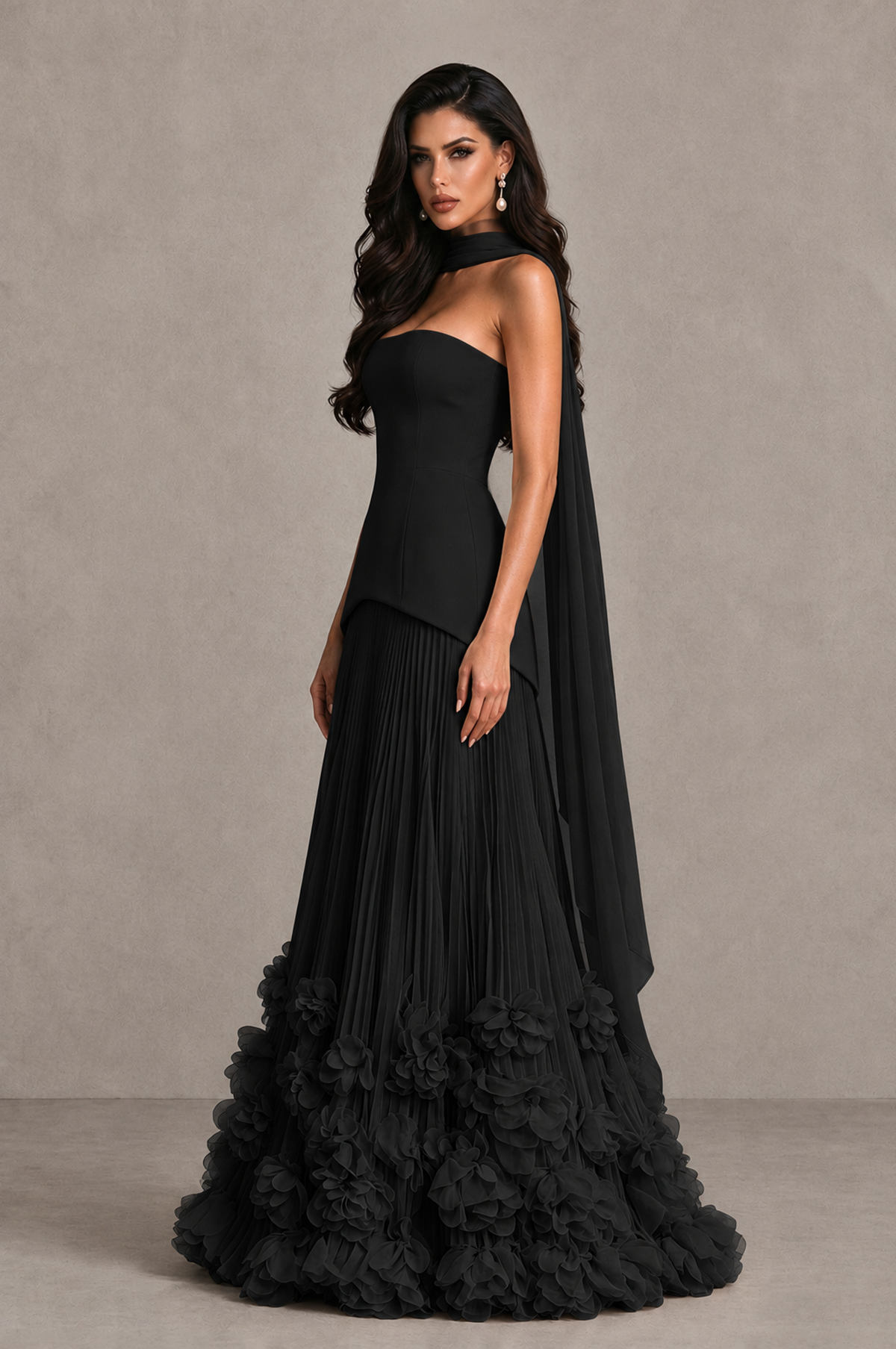 BOLODOO black strapless floral hem gown side view with elongated fitted bodice