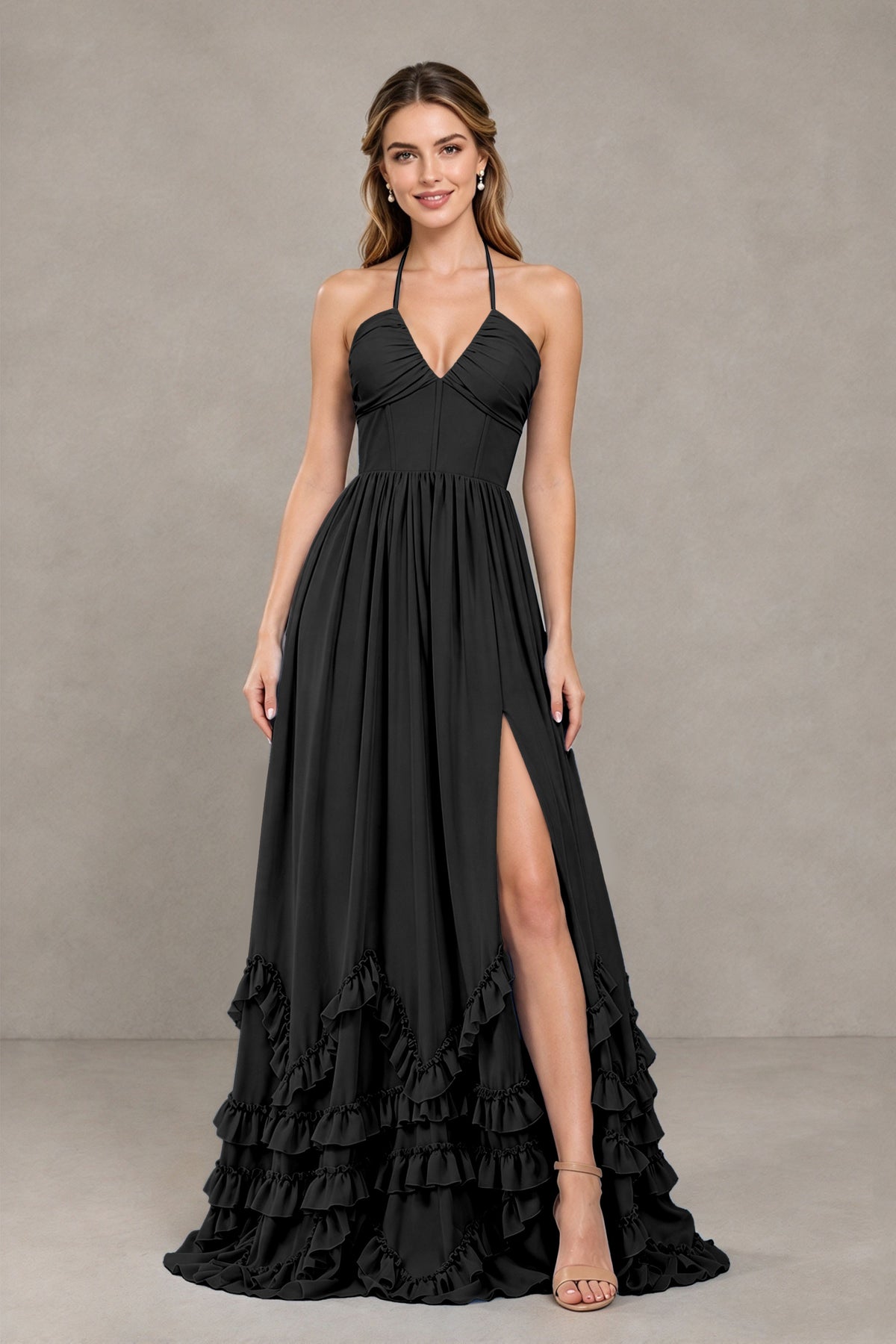 BOLODOO BX0202 black halter evening dress front view with high slit and layered ruffle hem