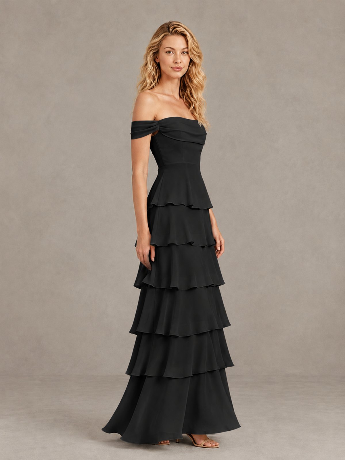 BOLODOO black floor-length tiered bridesmaid dress with fitted waist, side view