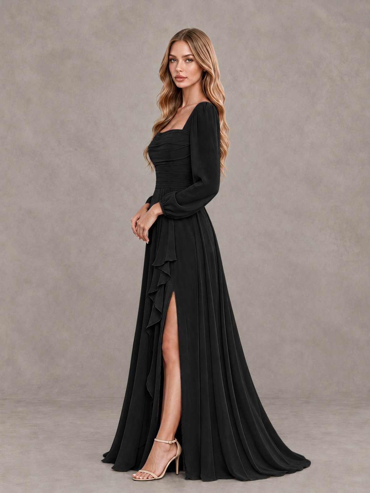 BOLODOO black A-line bridesmaid gown with cascading ruffle slit and trailing hem, side view