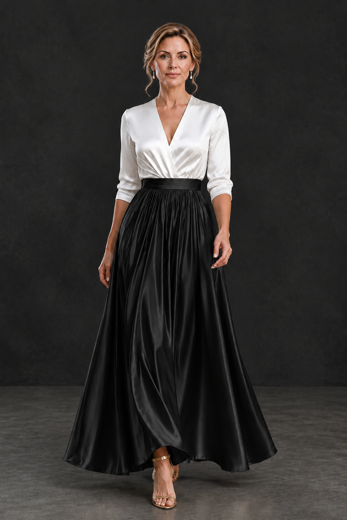 BOLODOO XX089 flowing black gathered skirt and white wrap-effect bodice walking view