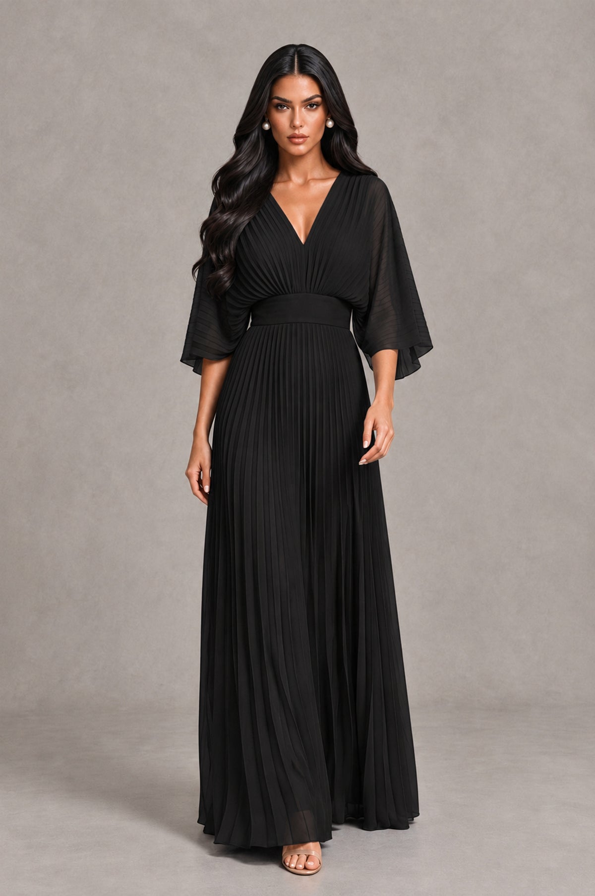 BOLODOO Black V-Neck Pleated Flutter Sleeve Formal Dress 