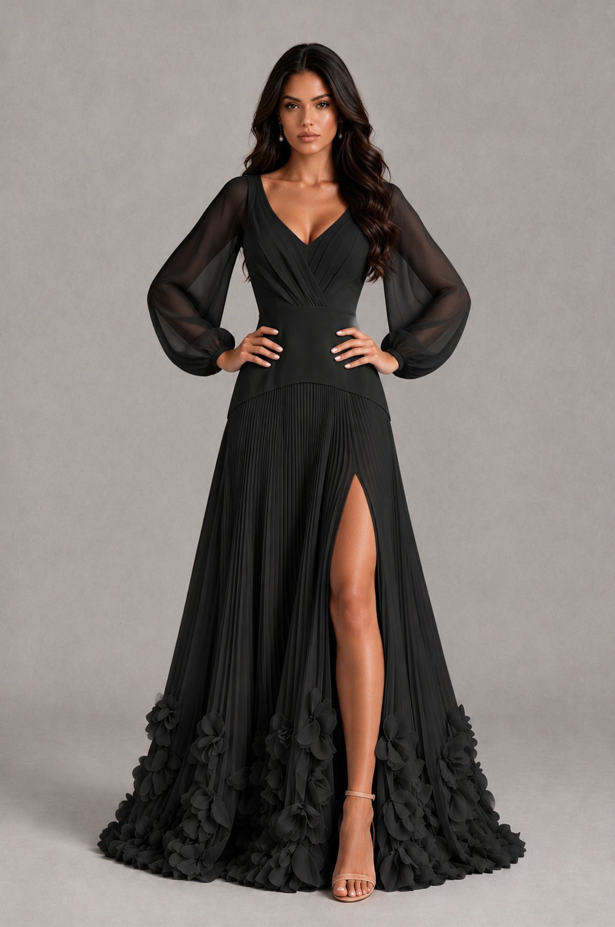 BOLODOO black pleated floral hem evening dress, front pose showing fitted waist and sheer sleeves