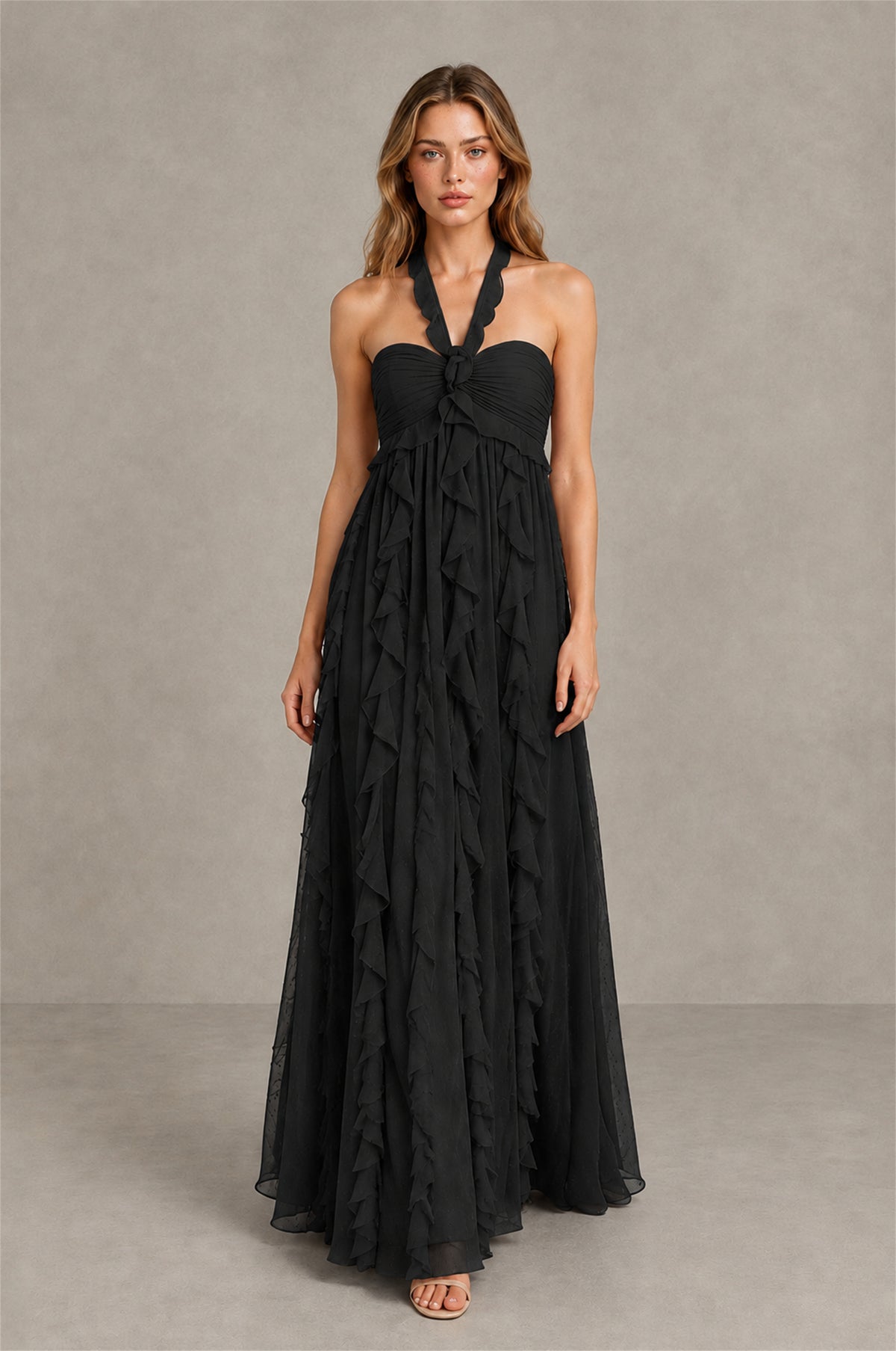 BOLODOO black sleeveless A-line maxi dress with cascading ruffles, alternate front view